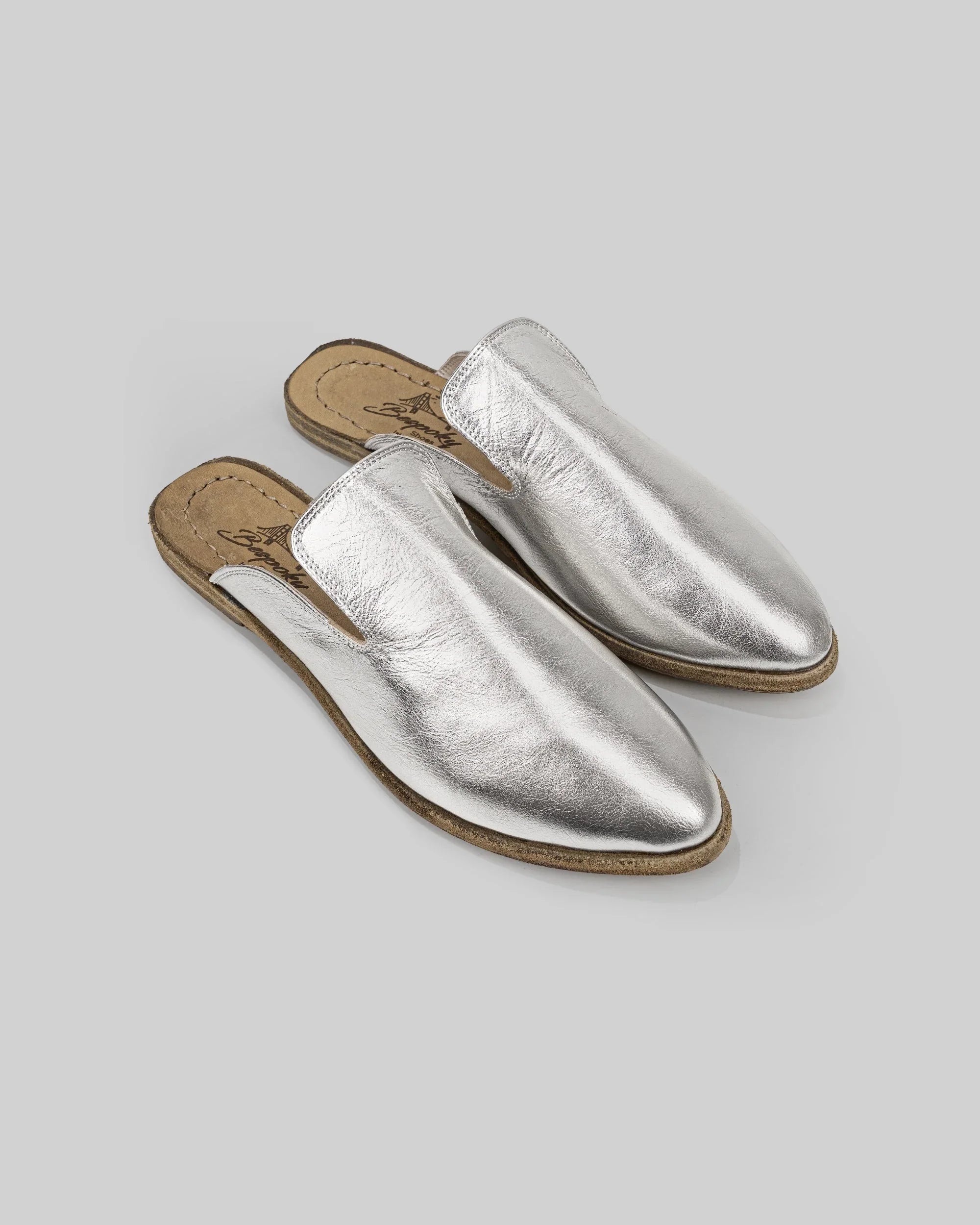 Women's Silver Pointed Toe Mules - Handcrafted Calf Leather Wide Toe Box | Bespoky