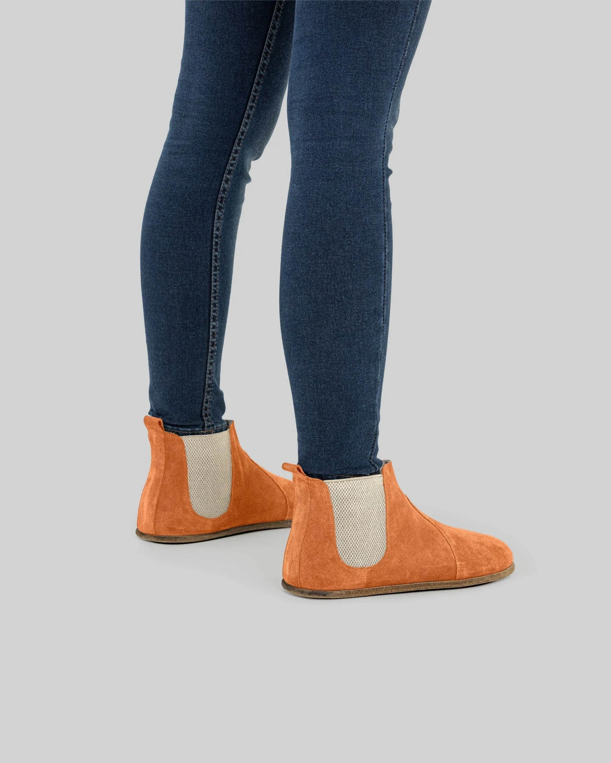 Pair Orange Suede Chelsea Boots - Barefoot Wide Toe Calf Leather | Bespoky