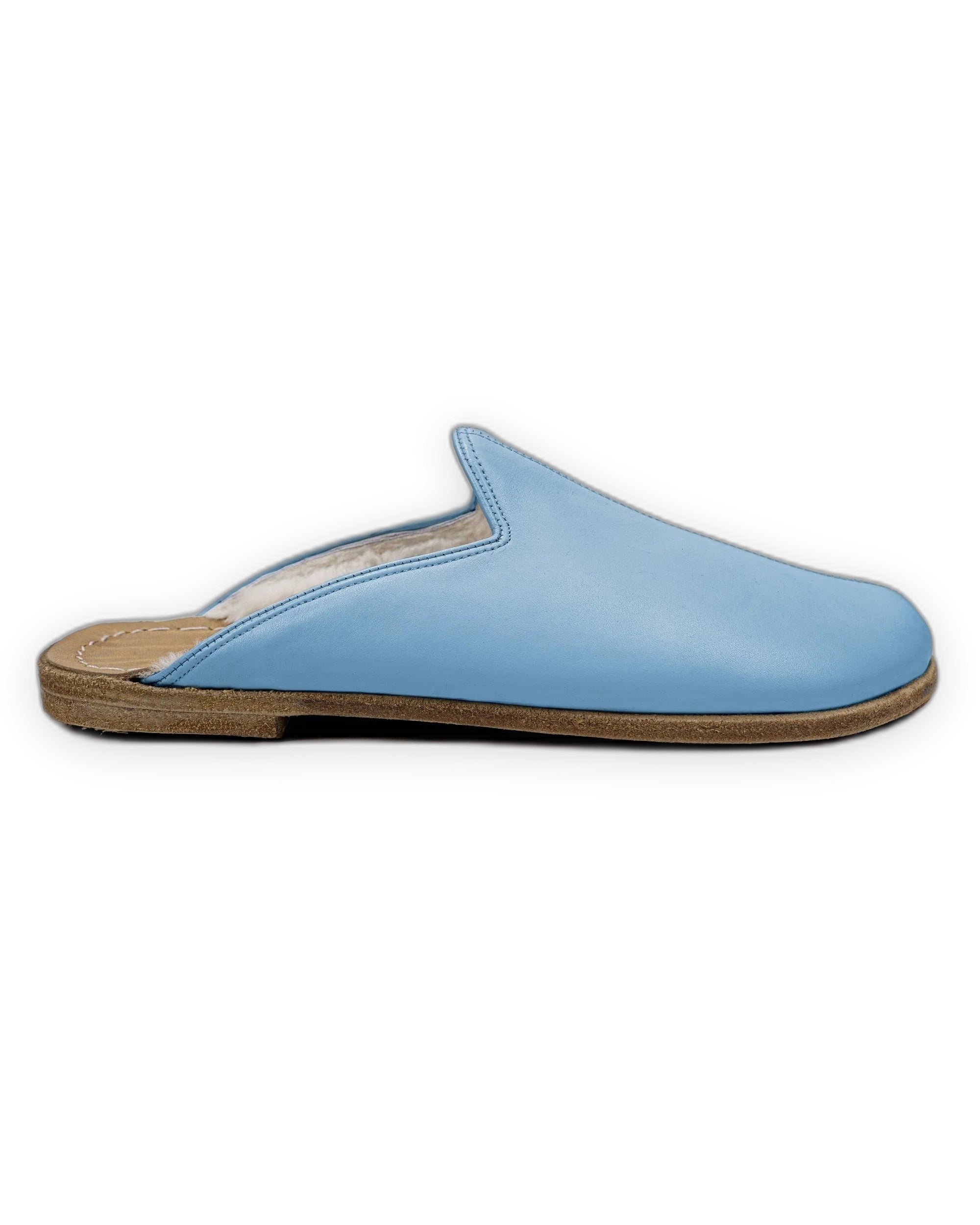 Side view Baby Blue Shearling Slippers - Calf Leather Zero Drop | Bespoky