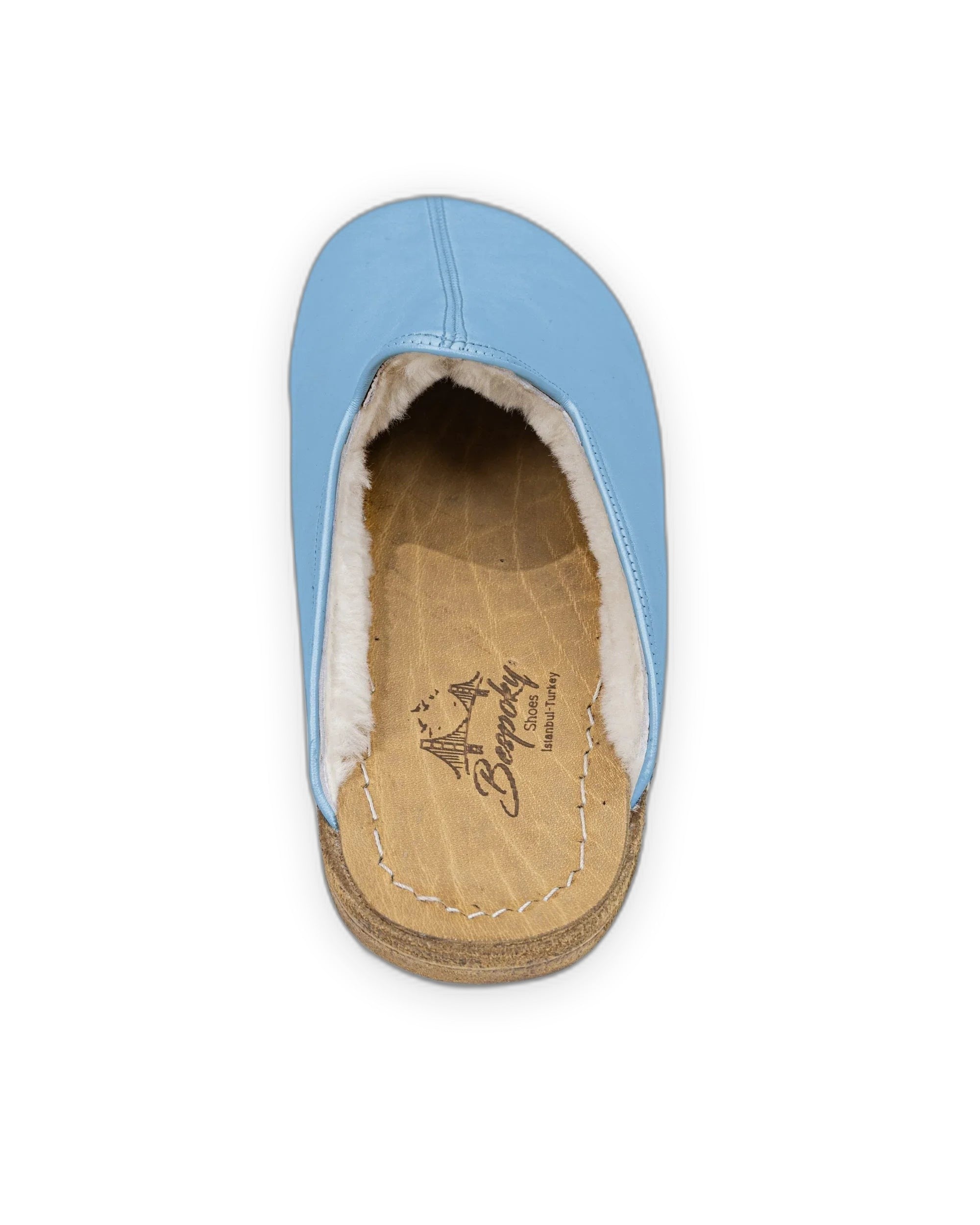 Top view Baby Blue Shearling Slippers - Handcrafted Calf Leather | Bespoky