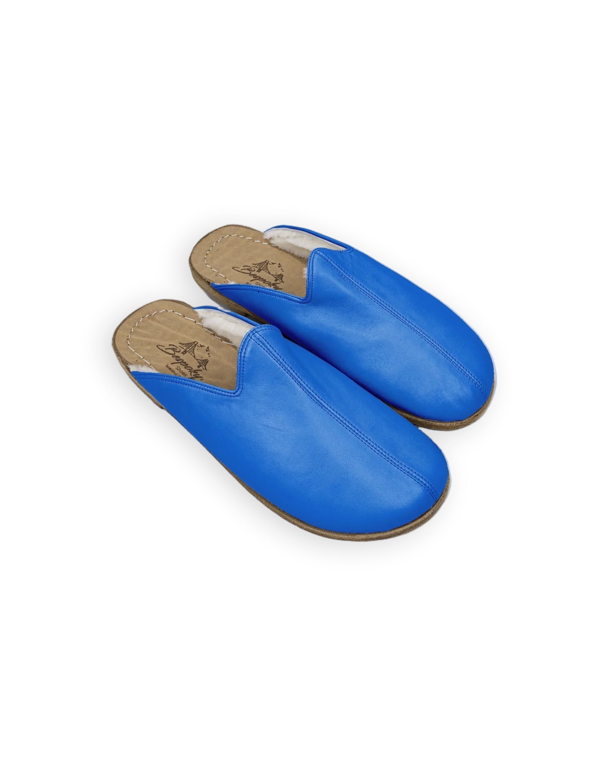 Men's Blue Shearling Slippers - Handcrafted Calf Leather Wide Toe Box | Bespoky