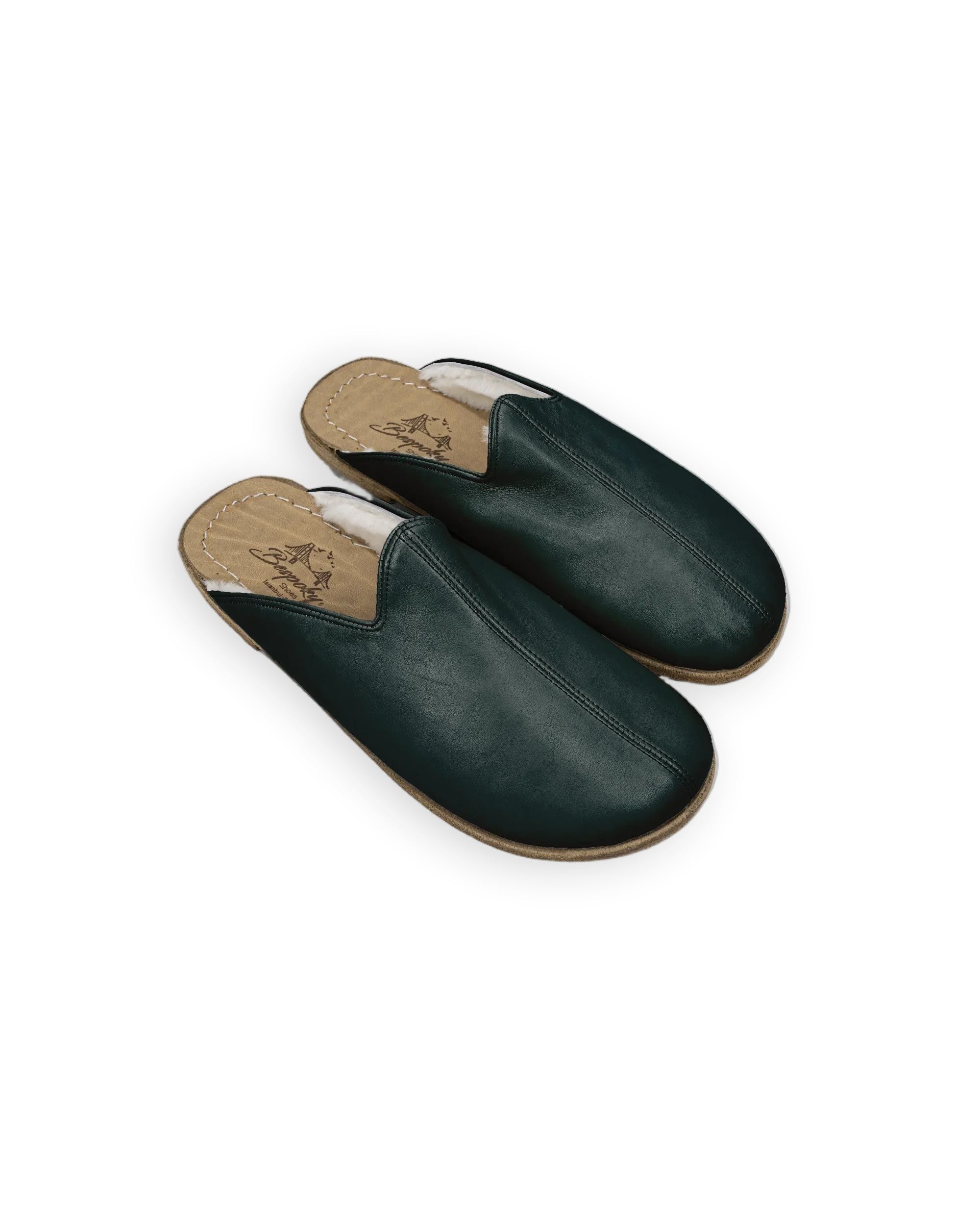 Men's Dark Green Shearling Slippers - Handcrafted Calf Leather Wide Toe Box | Bespoky