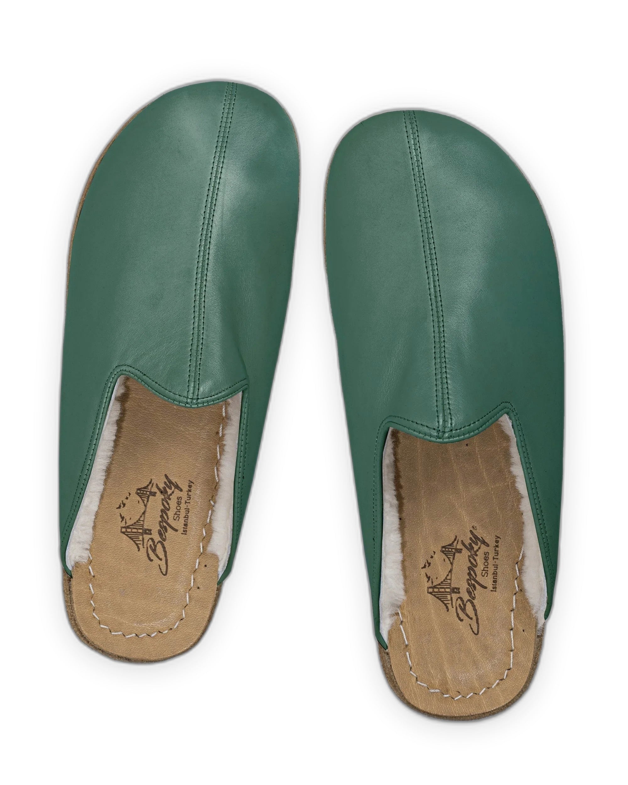 Top view Green Shearling Slippers - Handcrafted Calf Leather | Bespoky