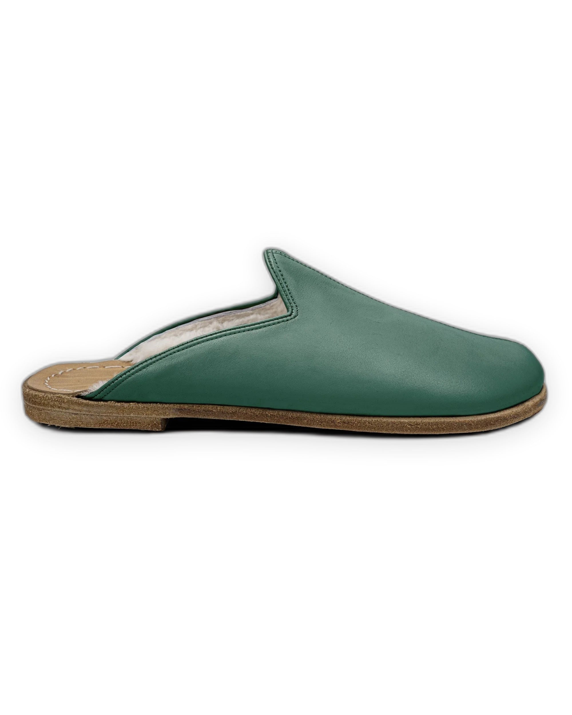 Back view Green Shearling Slippers - Calf Leather Handcrafted | Bespoky