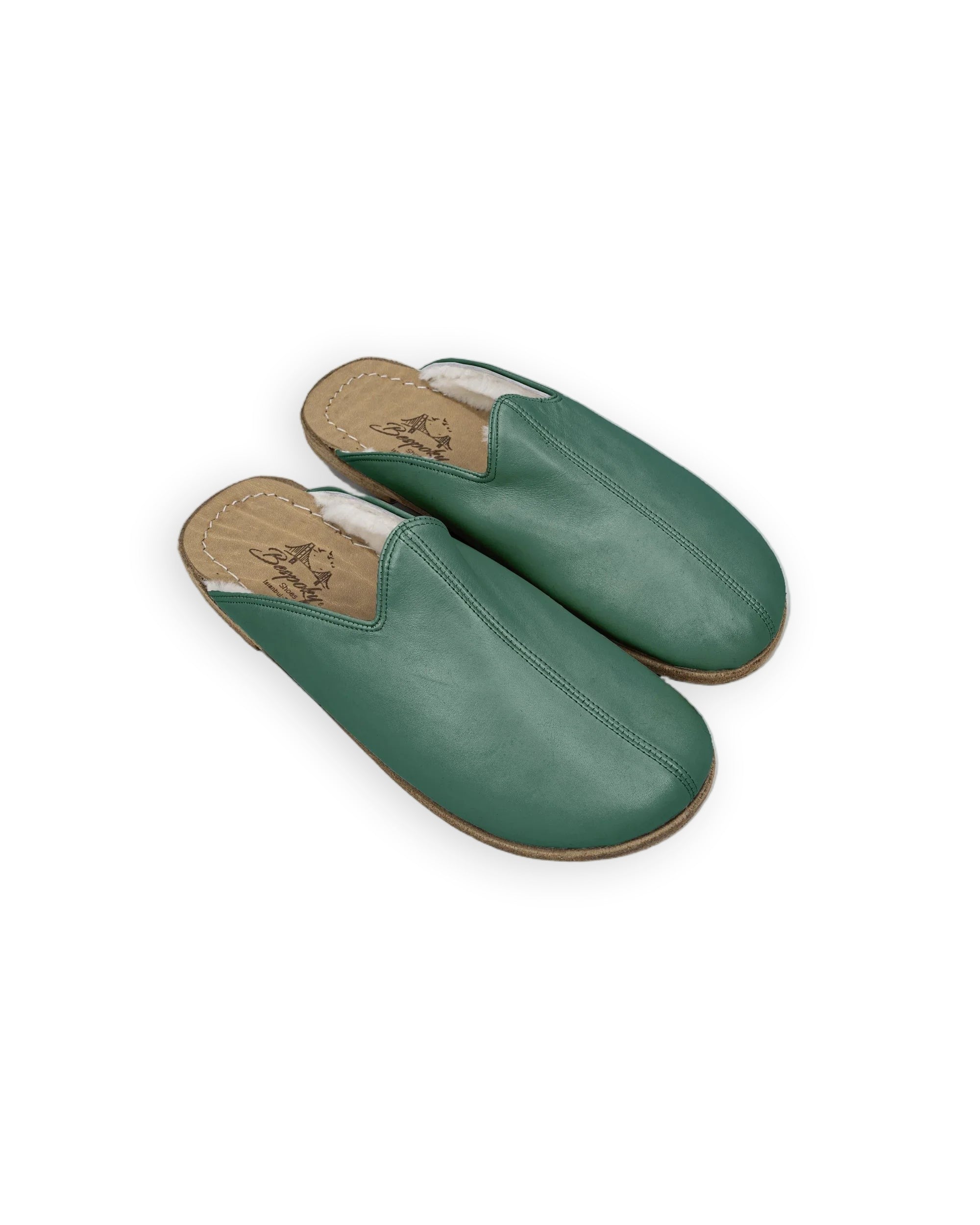 Men's Green Shearling Slippers - Handcrafted Calf Leather Wide Toe Box | Bespoky