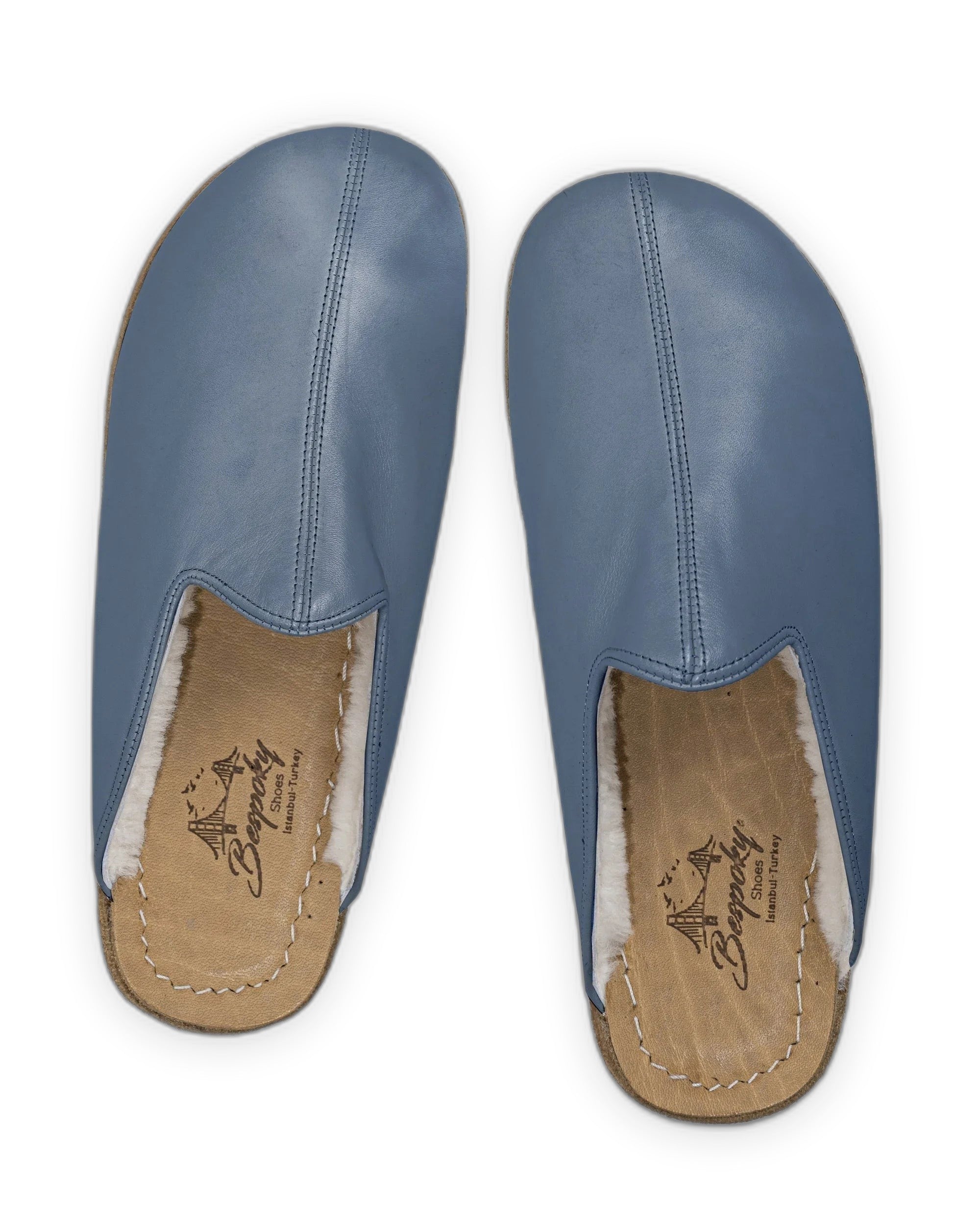 Top view Jean Blue Shearling Slippers - Handcrafted Calf Leather | Bespoky