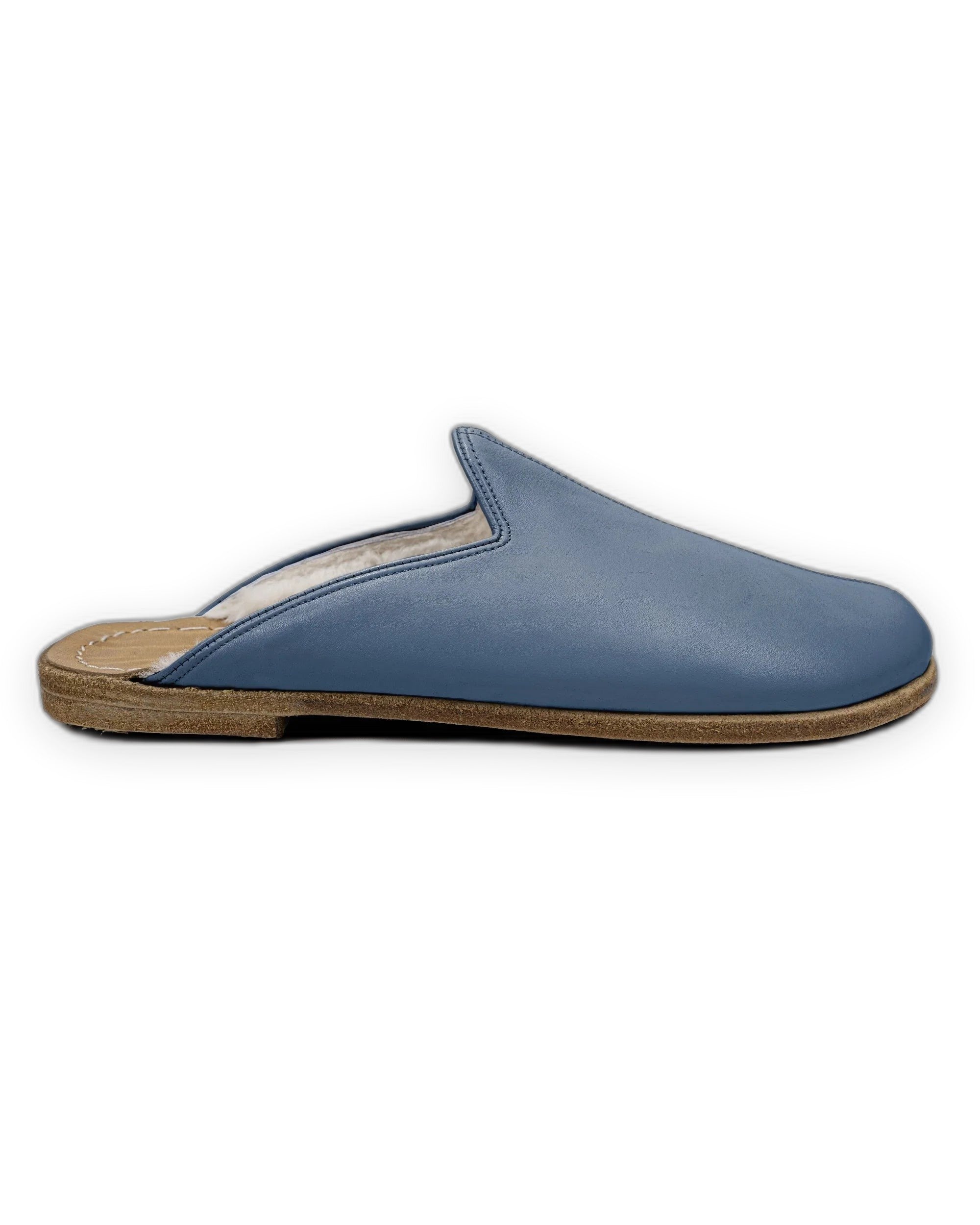 Close-up calf leather - Jean Blue Shearling Slippers Detail | Bespoky