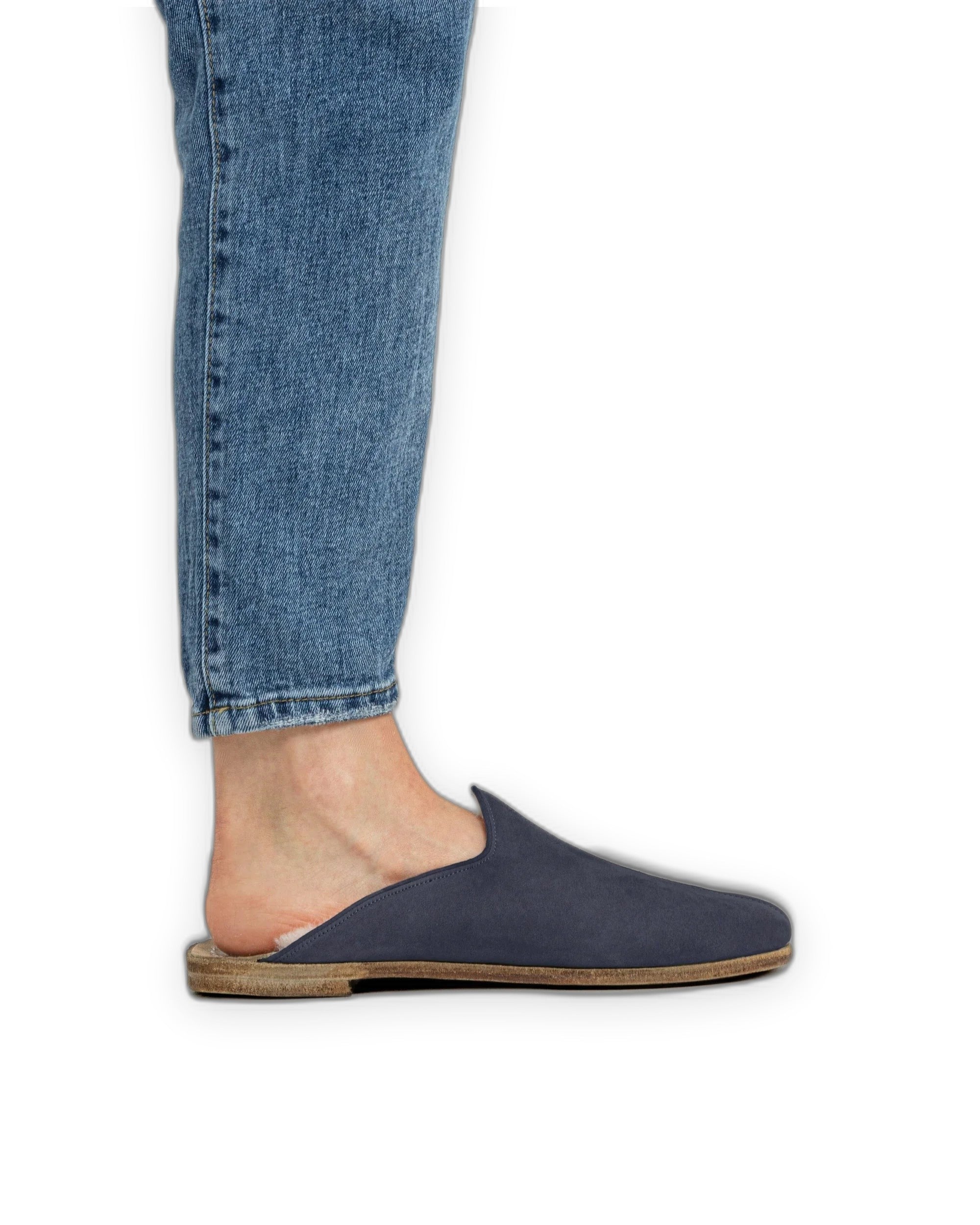 Pair Navy Nubuck Shearling Slippers - Barefoot Wide Toe Calf Leather | Bespoky
