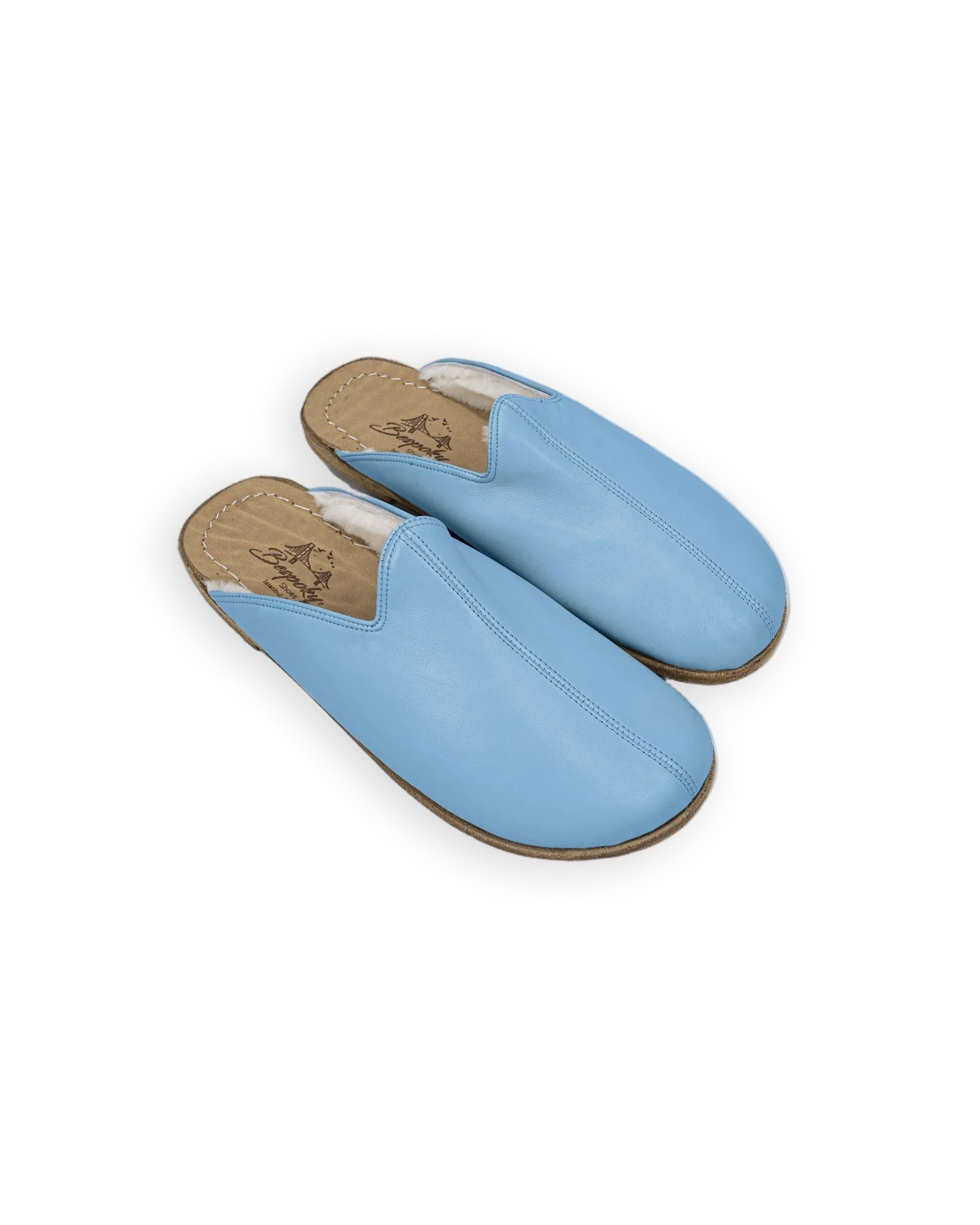 Women's Baby Blue Shearling Slippers - Handcrafted Calf Leather Wide Toe Box | Bespoky