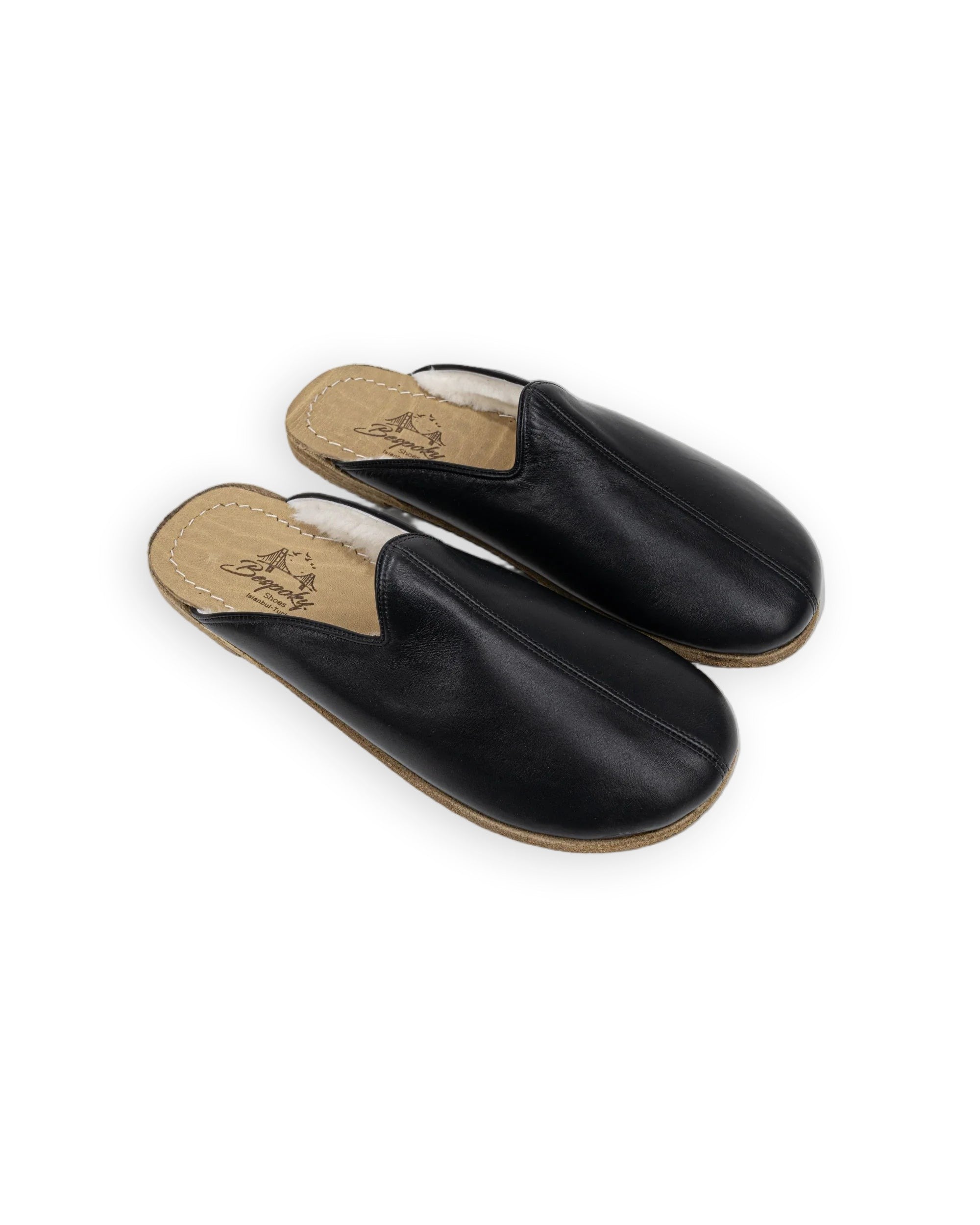 Women's Black Shearling Slippers - Handcrafted Calf Leather Wide Toe Box | Bespoky