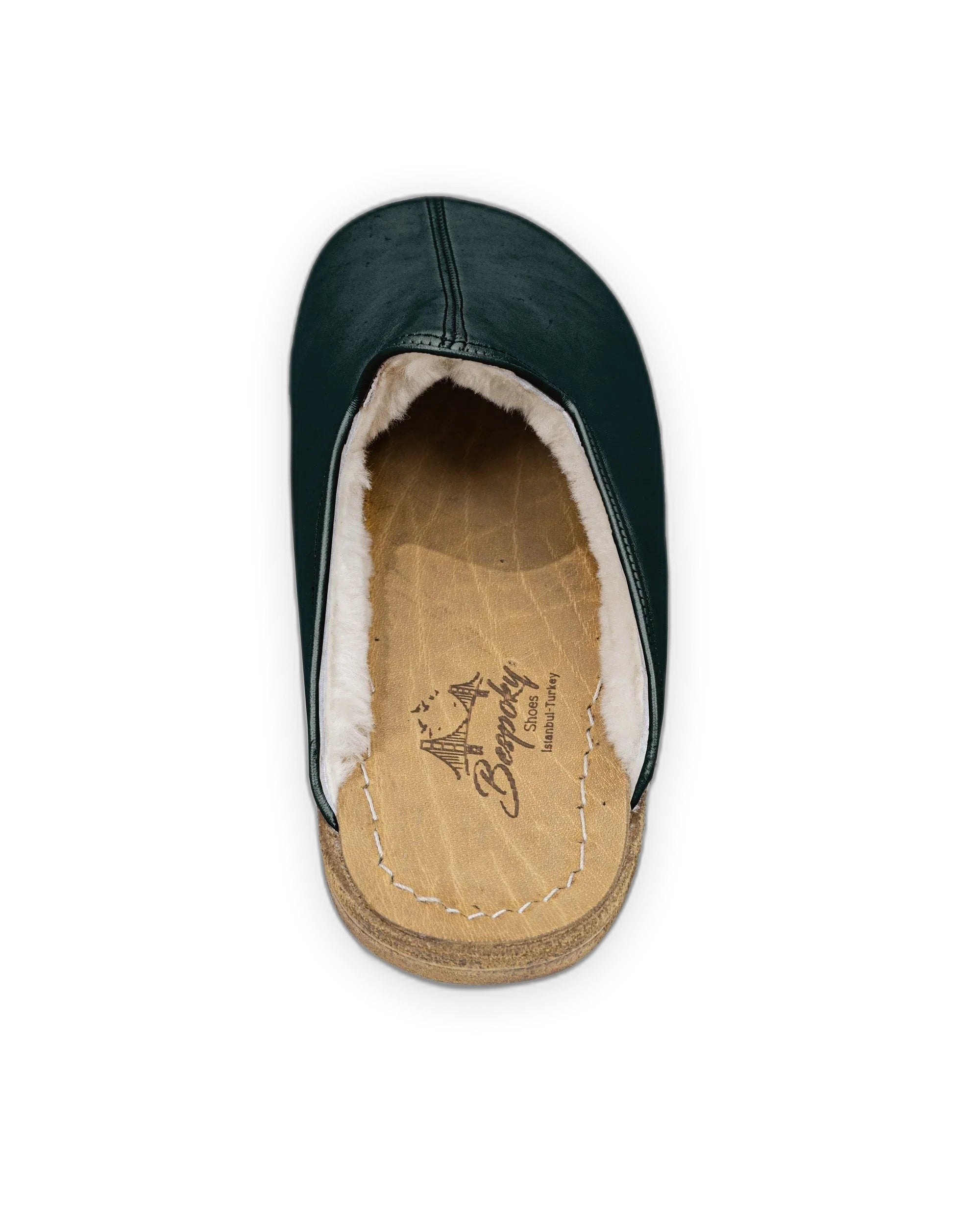 Top view Dark Green Shearling Slippers - Handcrafted Calf Leather | Bespoky