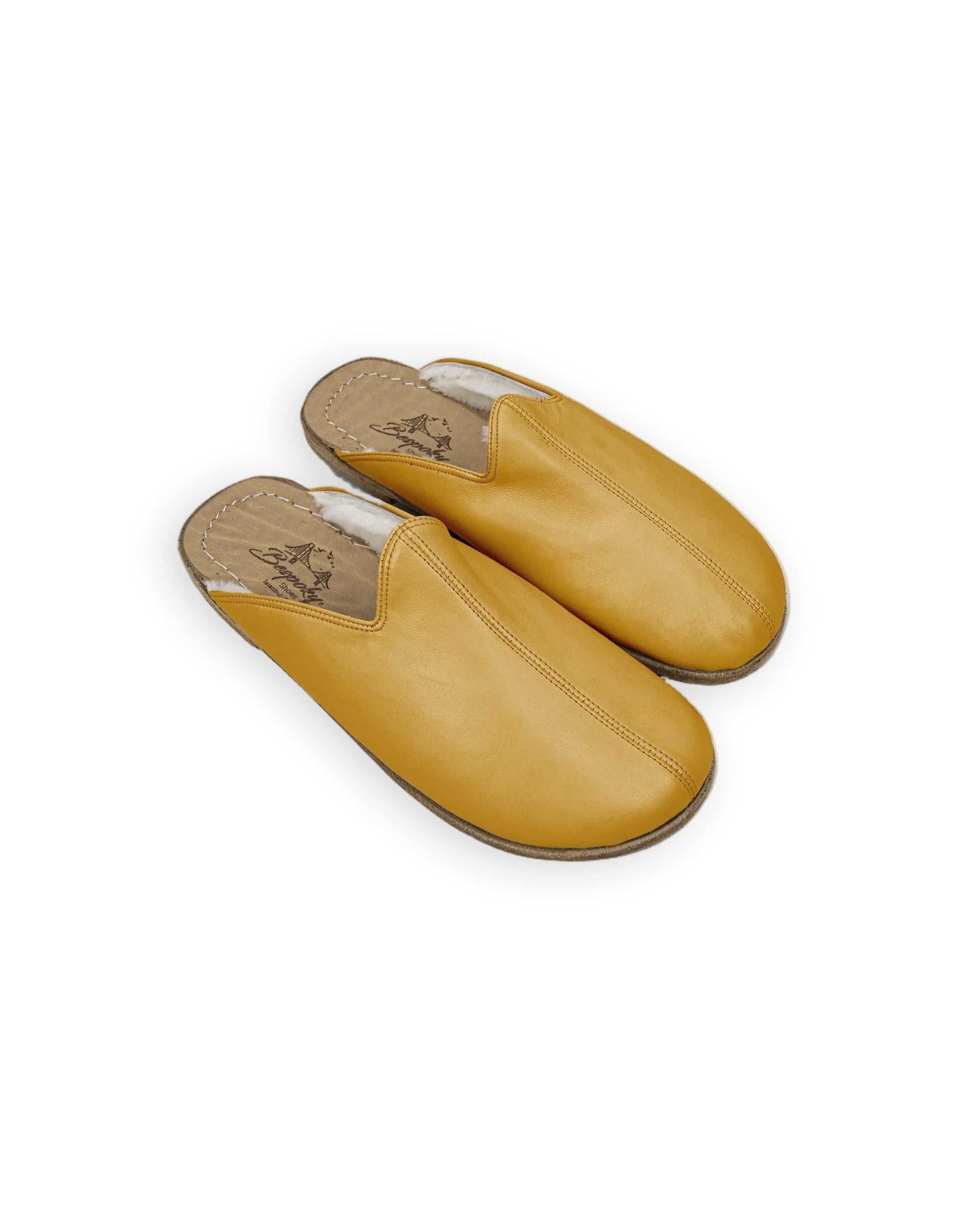 Women's Mustard Shearling Slippers - Handcrafted Calf Leather Wide Toe Box | Bespoky