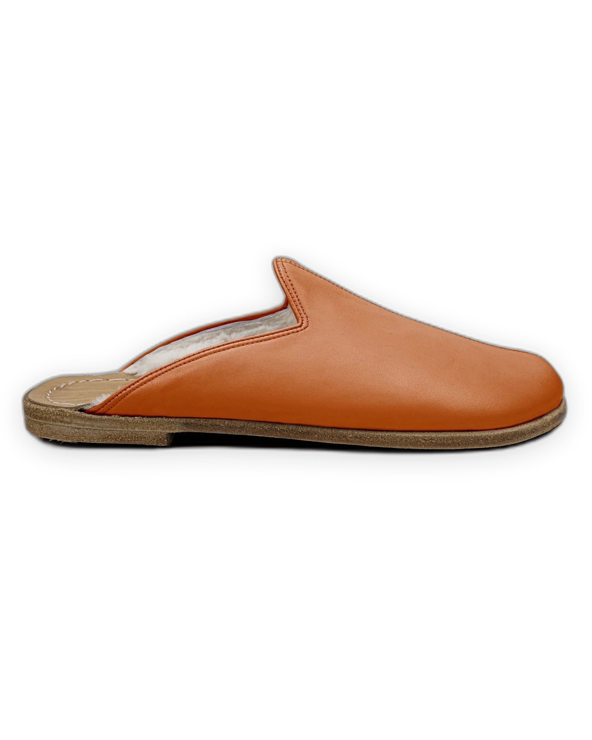 Close-up calf leather - Orange Shearling Slippers Detail | Bespoky