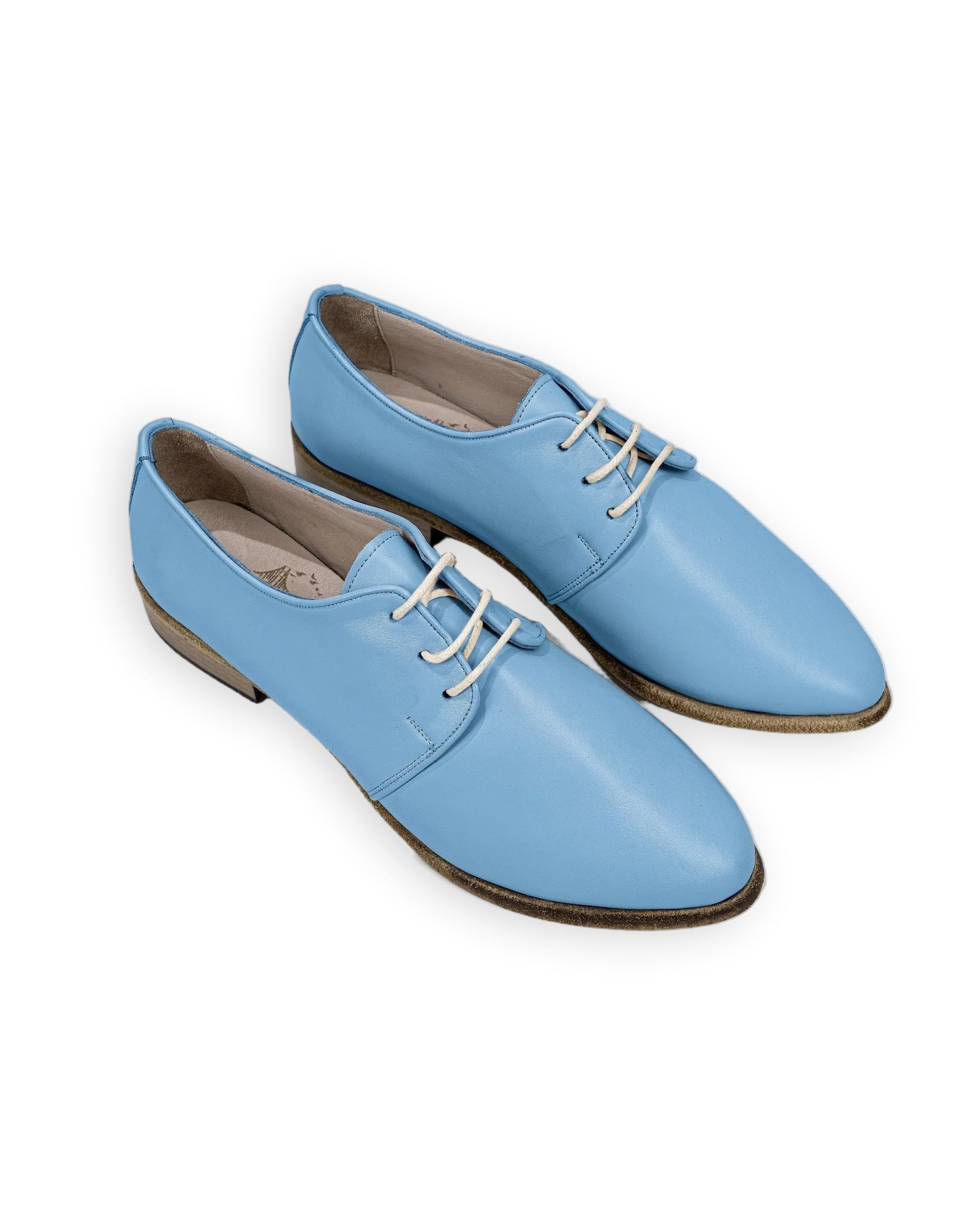 Women's Baby Blue Pointed Toe Oxford - Handcrafted Calf Leather Wide Toe Box | Bespoky