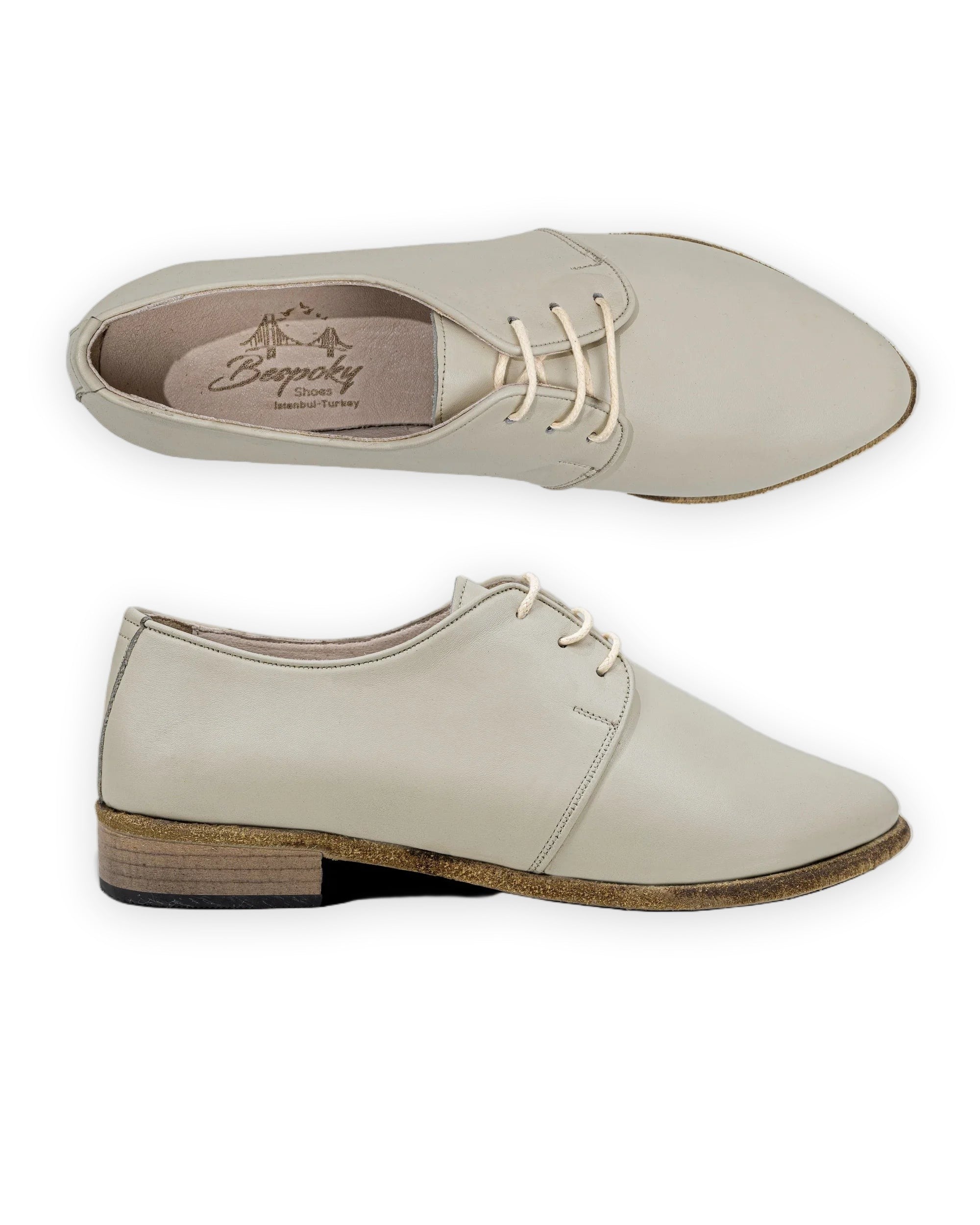 Women's Lucas Beige Pointed Toe Oxford - Handcrafted Calf Leather Wide Toe Box | Bespoky