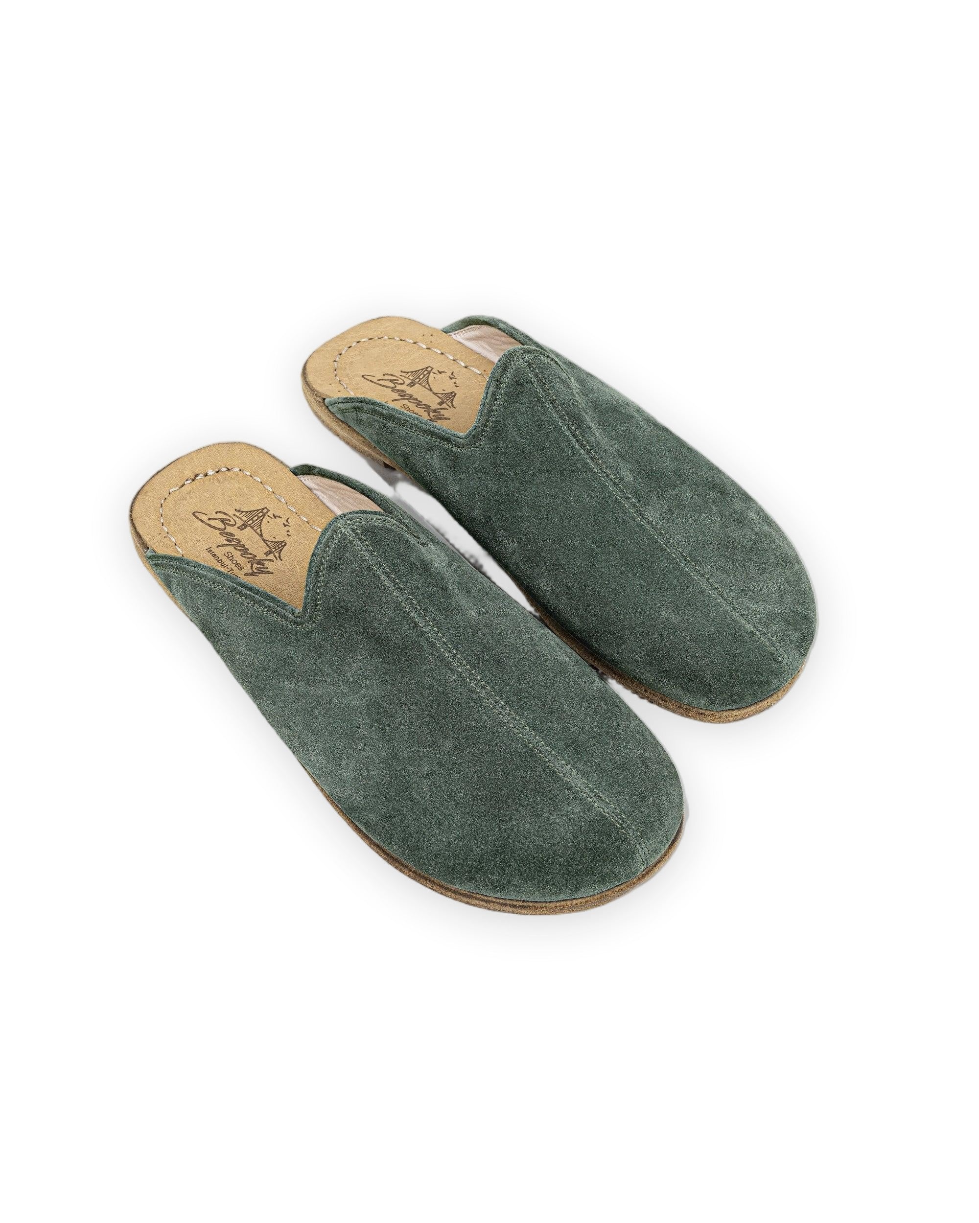 Men's Green Suede Slippers - Handcrafted Calf Leather Wide Toe Box | Bespoky