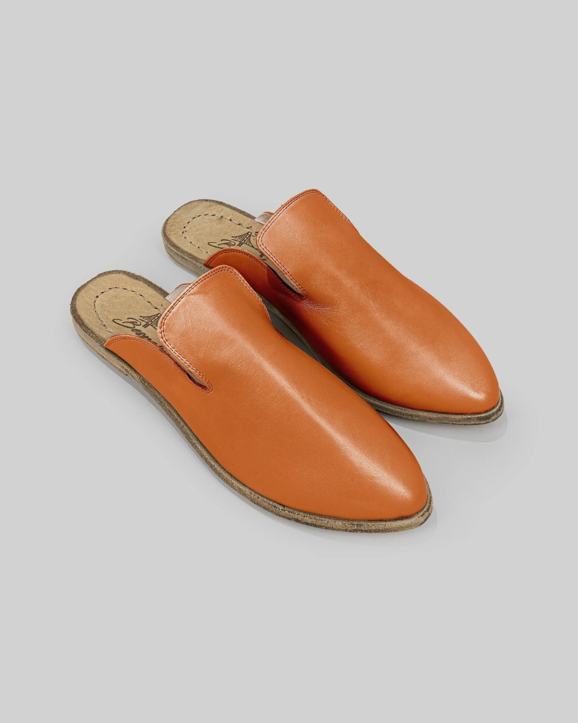 Women's Orange Pointed Toe Mules - Handcrafted Calf Leather Wide Toe Box | Bespoky