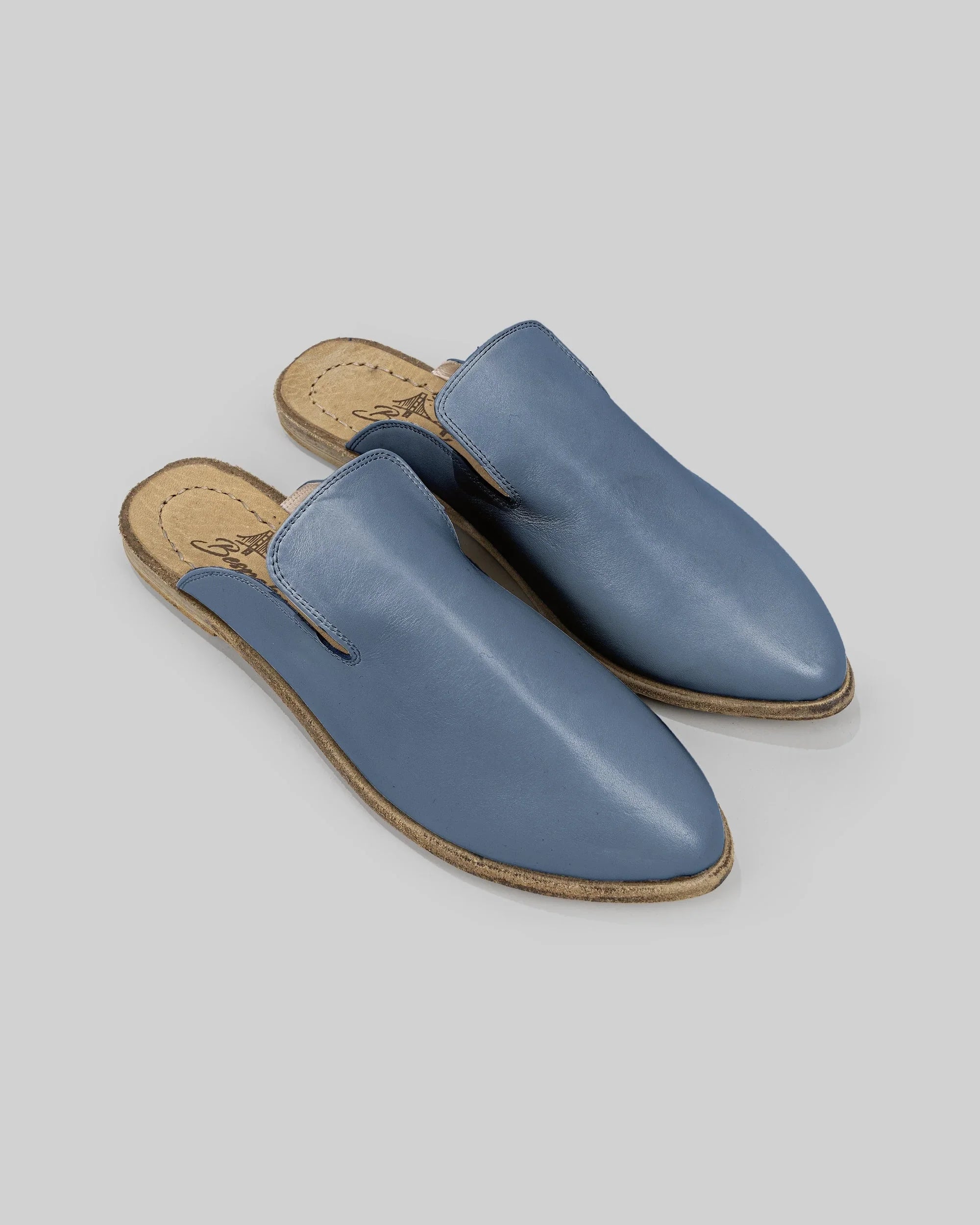 Women's Jean Blue Pointed Toe Mules - Handcrafted Calf Leather Wide Toe Box | Bespoky
