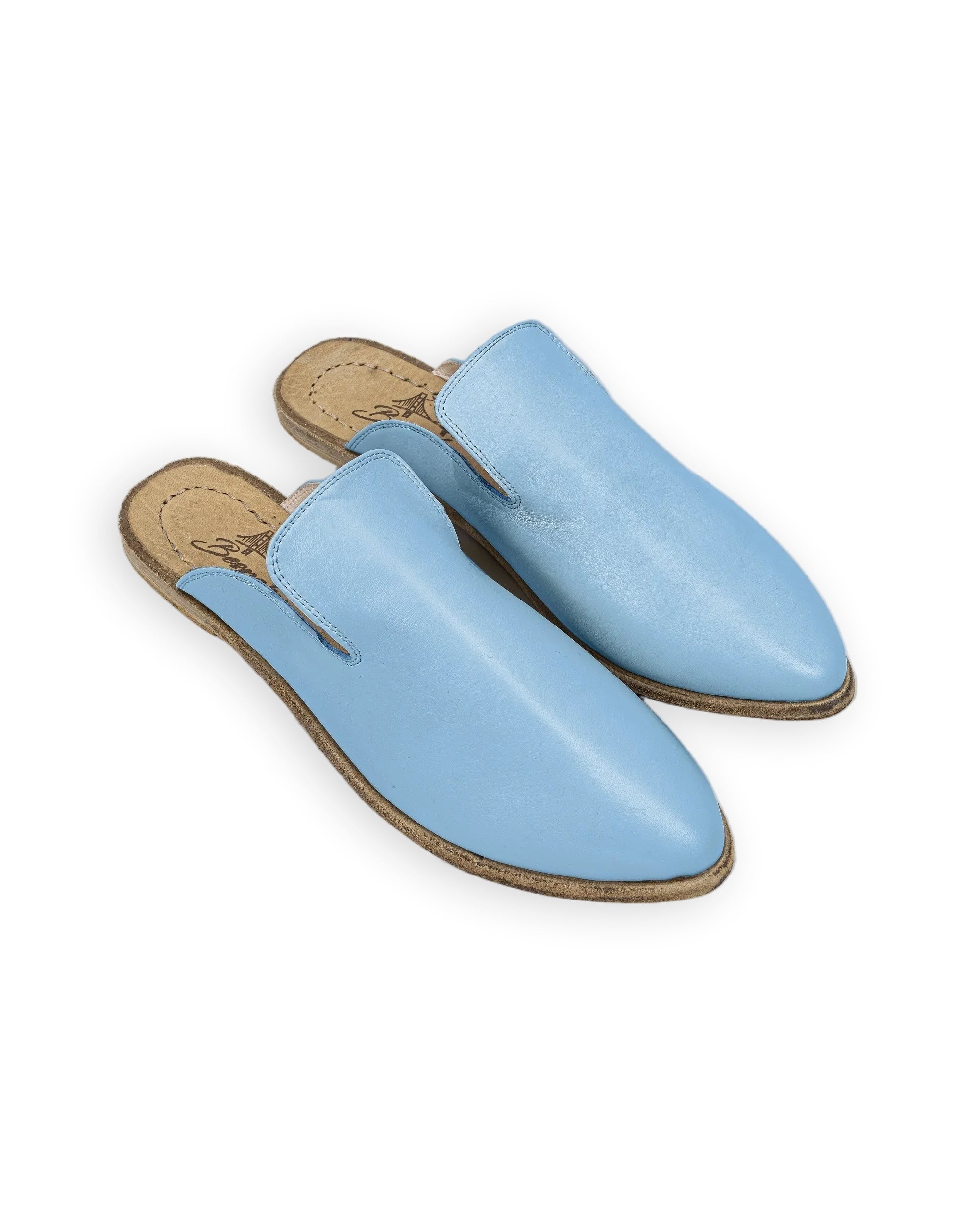 Women's Baby Blue Pointed Toe Mules - Handcrafted Calf Leather Wide Toe Box | Bespoky