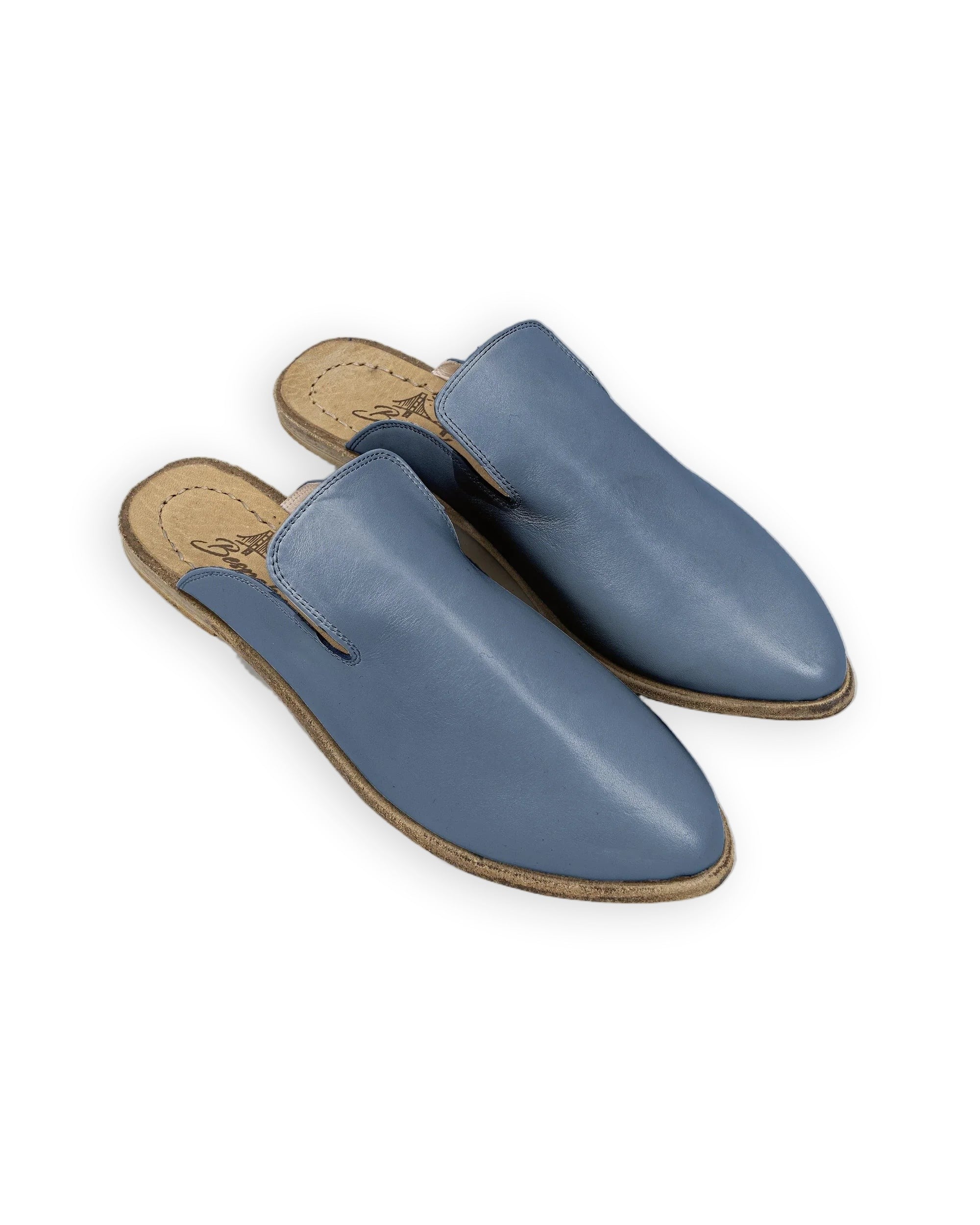 Women's Jean Blue Pointed Toe Mules - Handcrafted Calf Leather Wide Toe Box | Bespoky