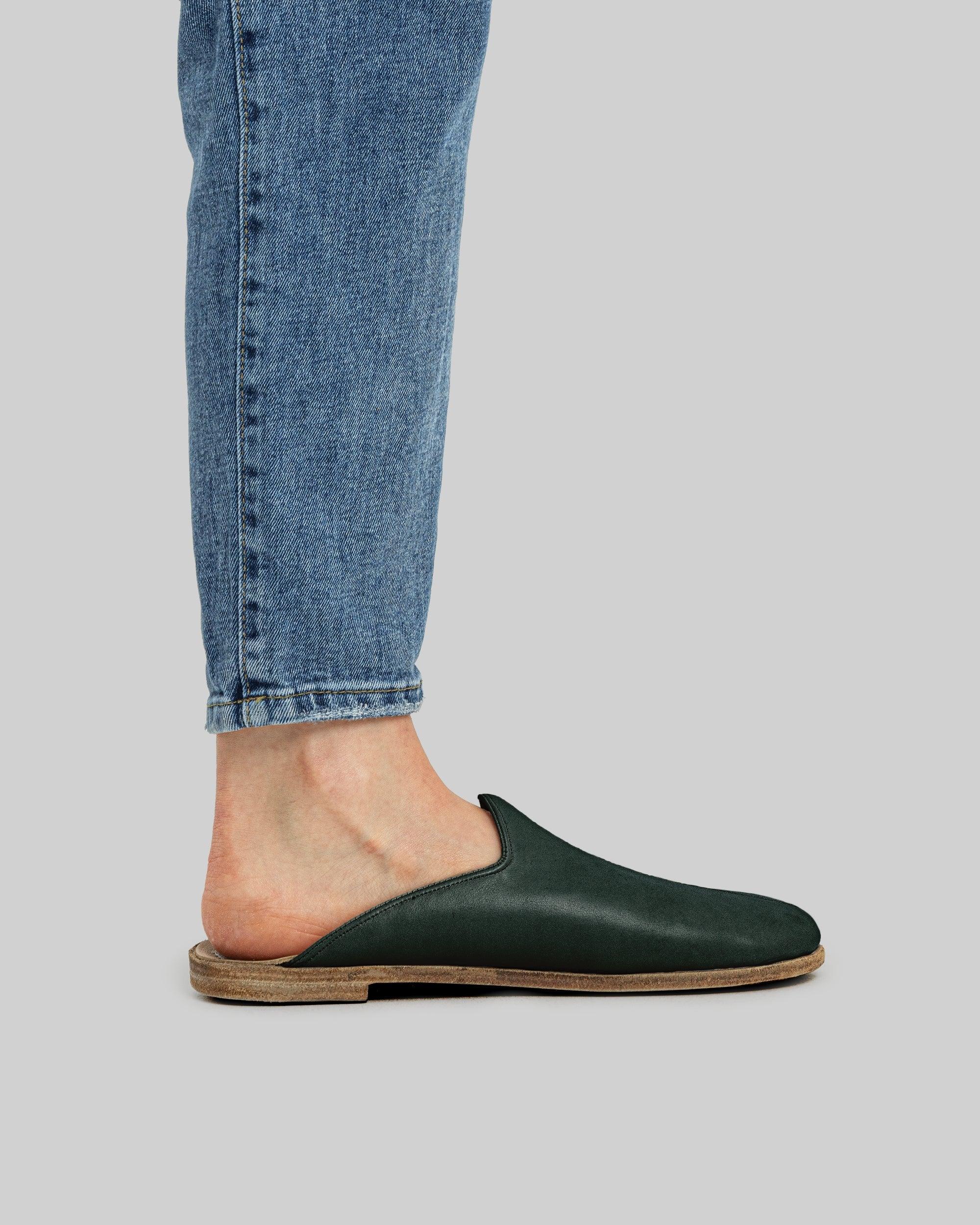 Pair Dark Green Slippers - Barefoot Wide Toe Calf Leather | Bespoky
