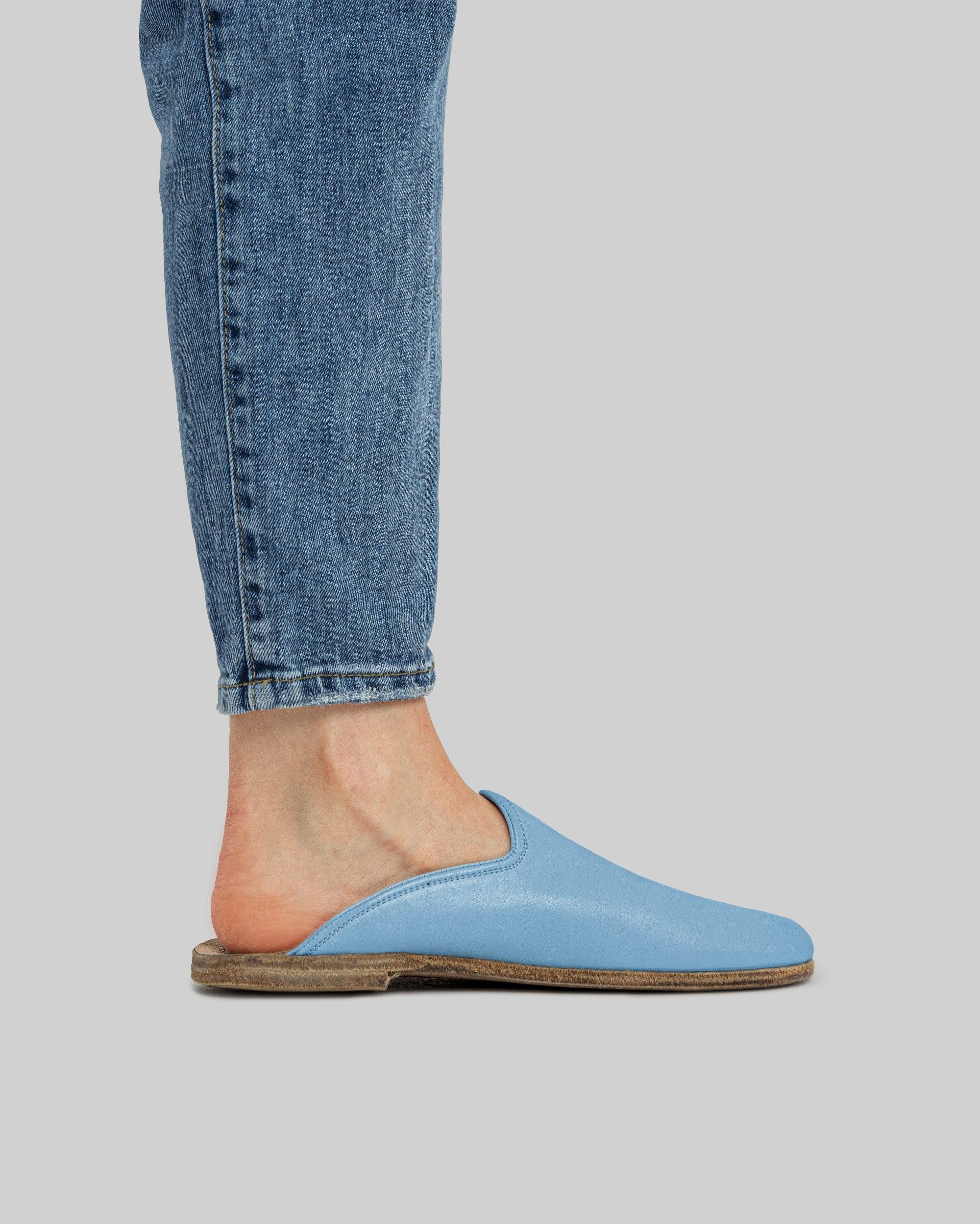 Pair Baby Blue Shearling Slippers - Barefoot Wide Toe Calf Leather | Bespoky