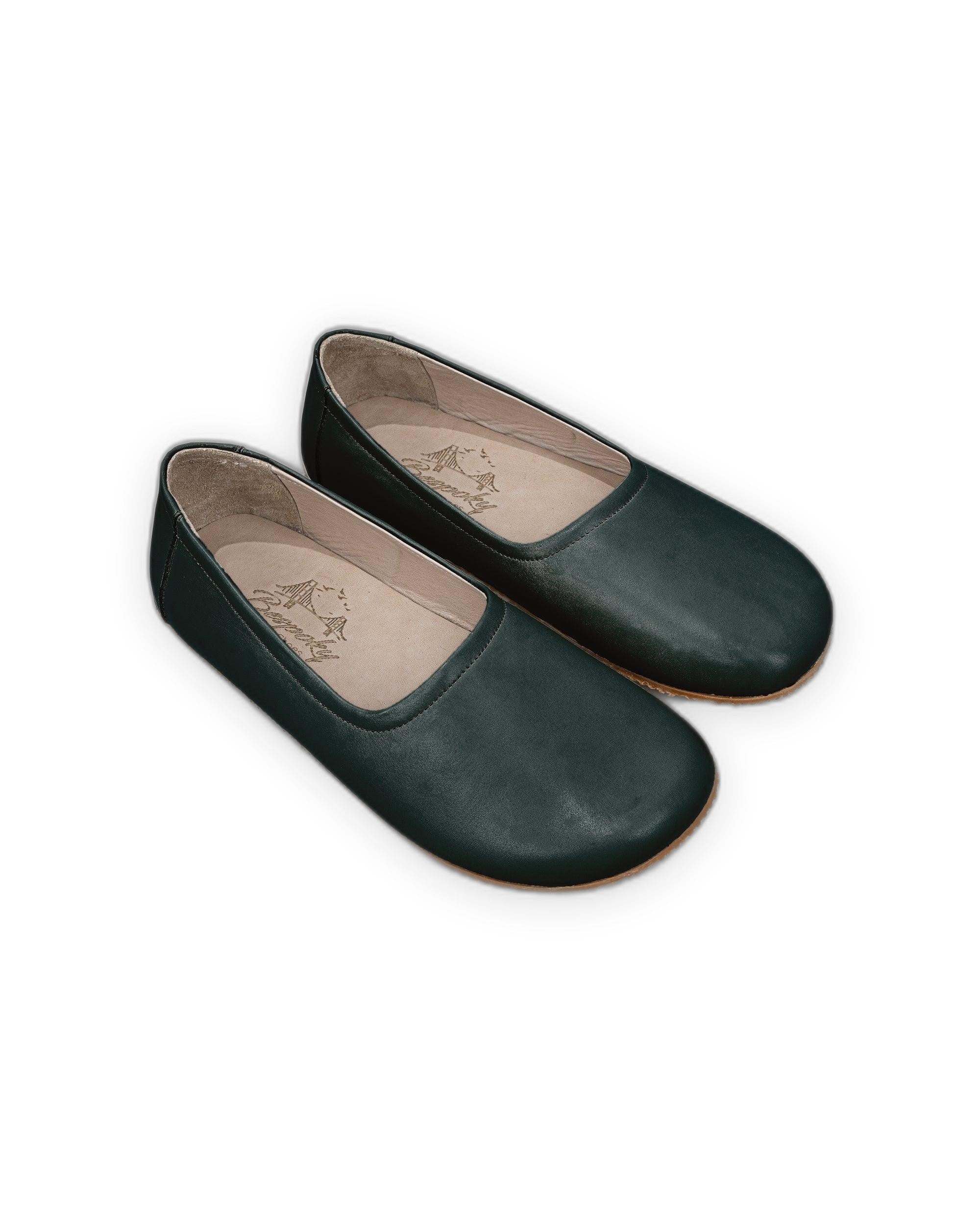 Women's Dark Green Ballet Flats - Handcrafted Calf Leather Wide Toe Box | Bespoky