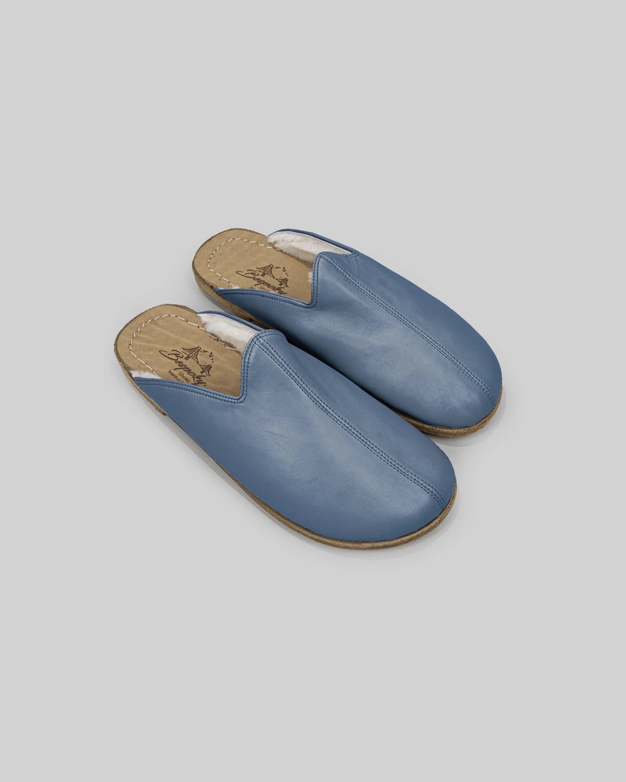 Men's Jean Blue Shearling Slippers - Handcrafted Calf Leather Wide Toe Box | Bespoky
