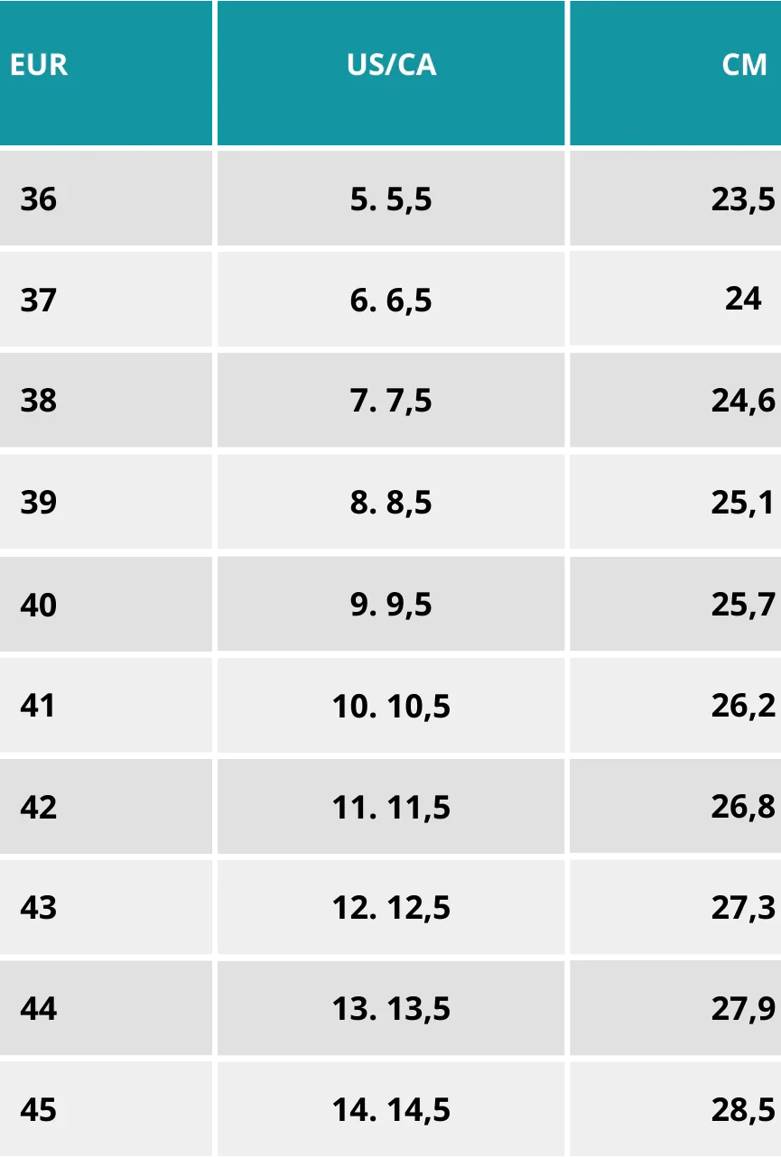 Women's shoe size chart with EU, US/CA, and centimeter conversions