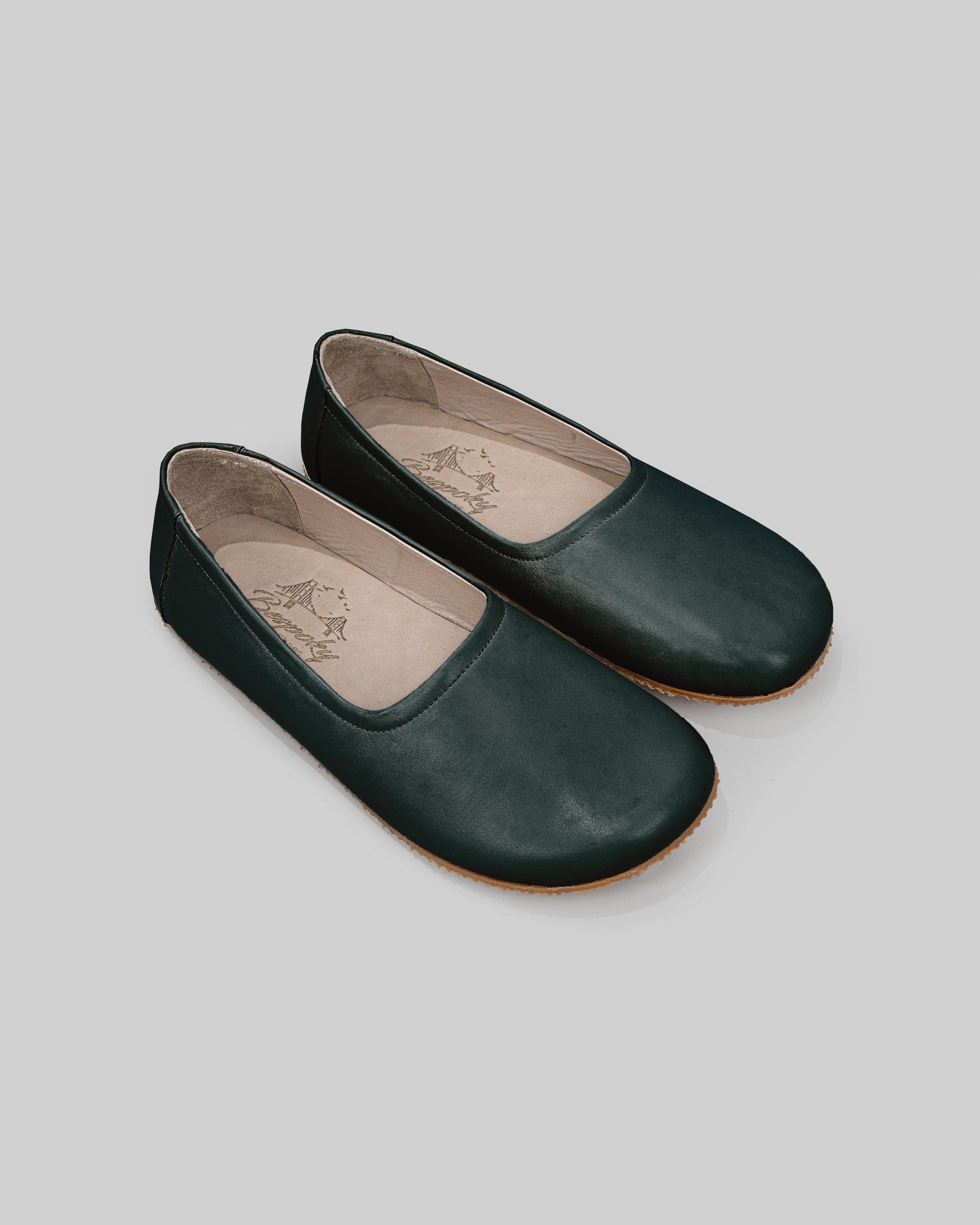 Women's Dark Green Ballet Flats - Handcrafted Calf Leather Wide Toe Box | Bespoky