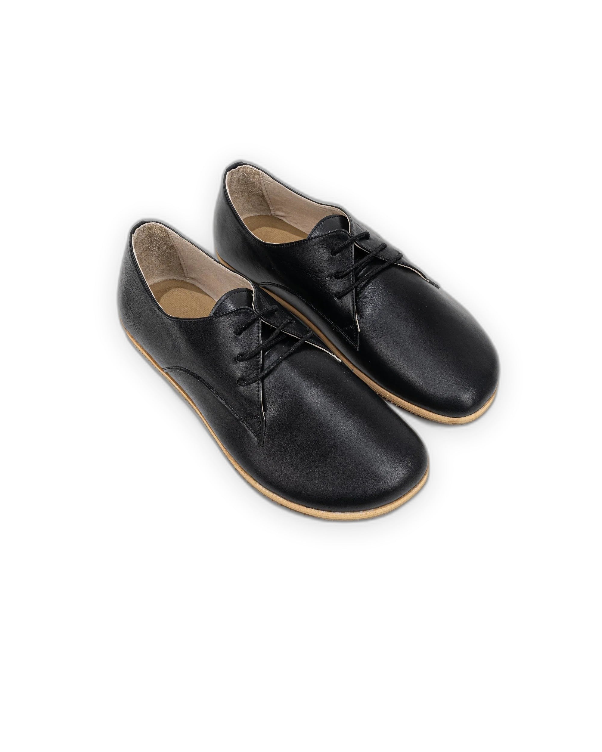 Black full-grain leather barefoot Oxford dress shoes with a wide toe box and zero drop sole, styled for the office