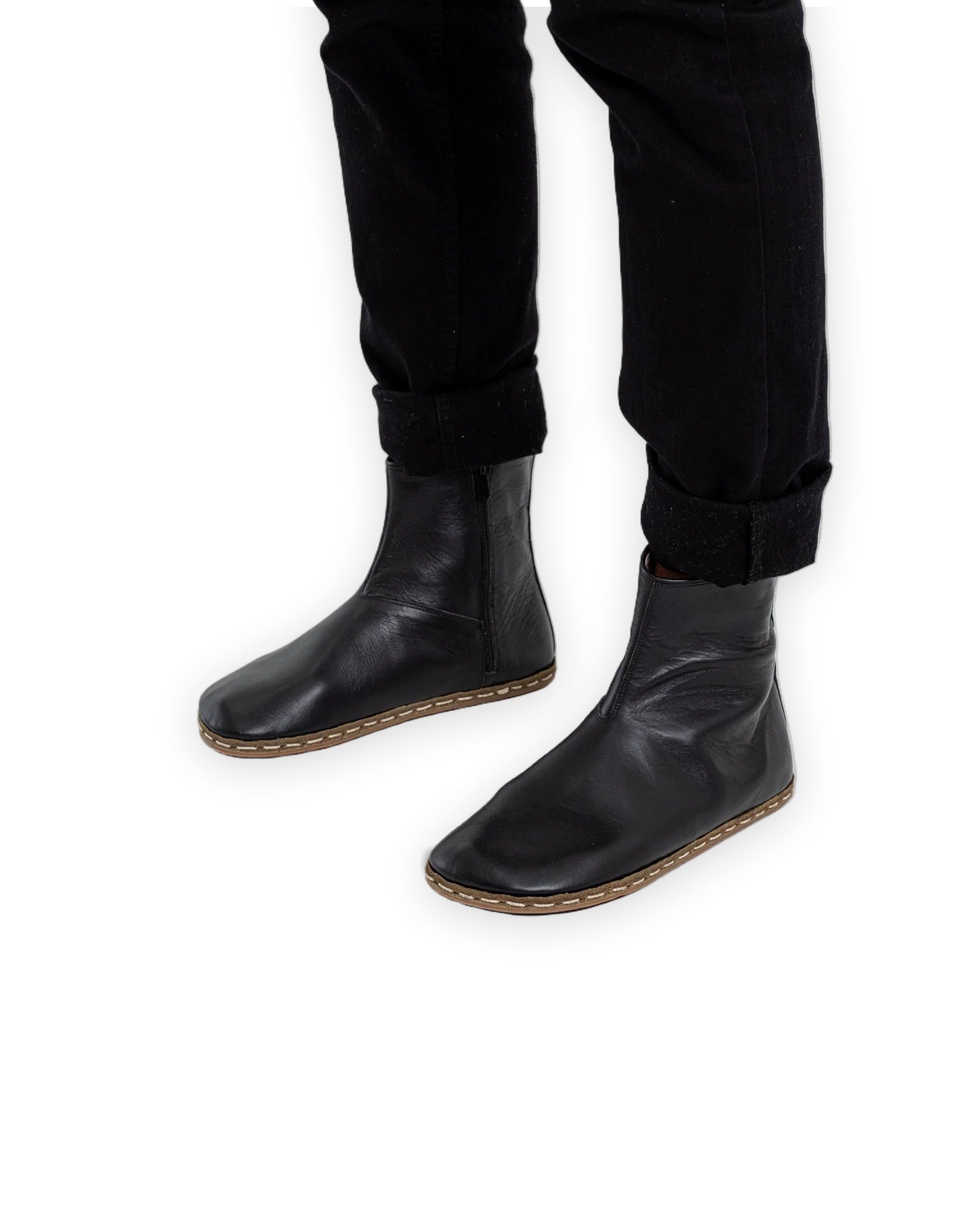 Bespoky black full-grain leather barefoot chelsea boots, zero drop sole with a roomy toe box