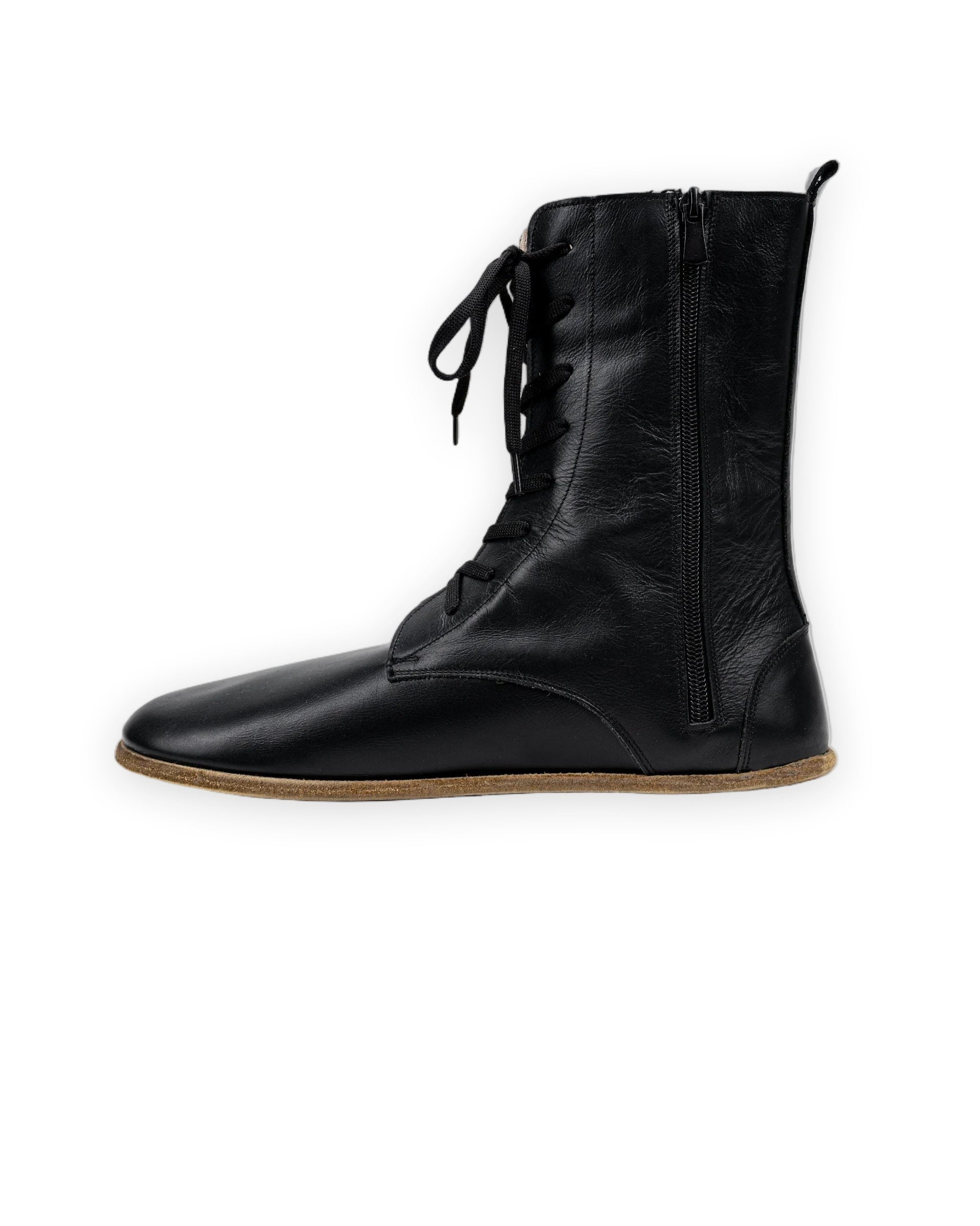 Men's black full-grain leather zero-drop boots with a wide toe box, styled as barefoot chukka boots for fall