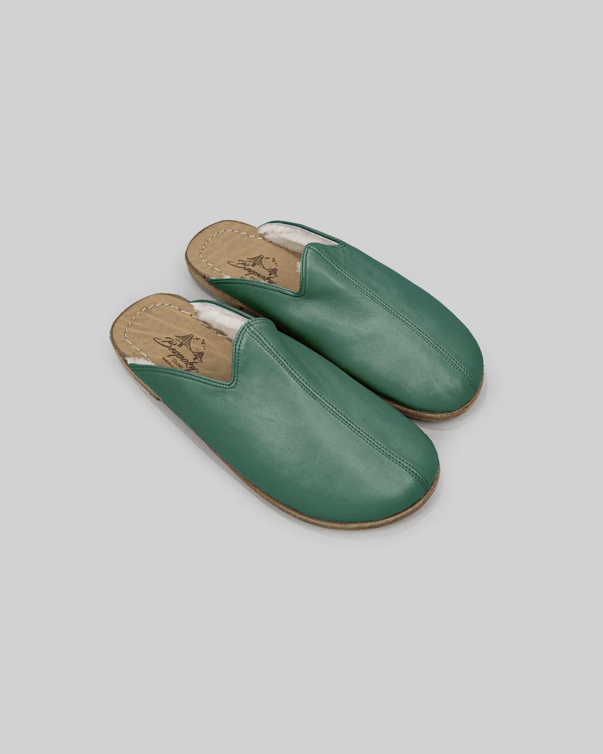 Men's Green Shearling Slippers - Handcrafted Calf Leather Wide Toe Box | Bespoky