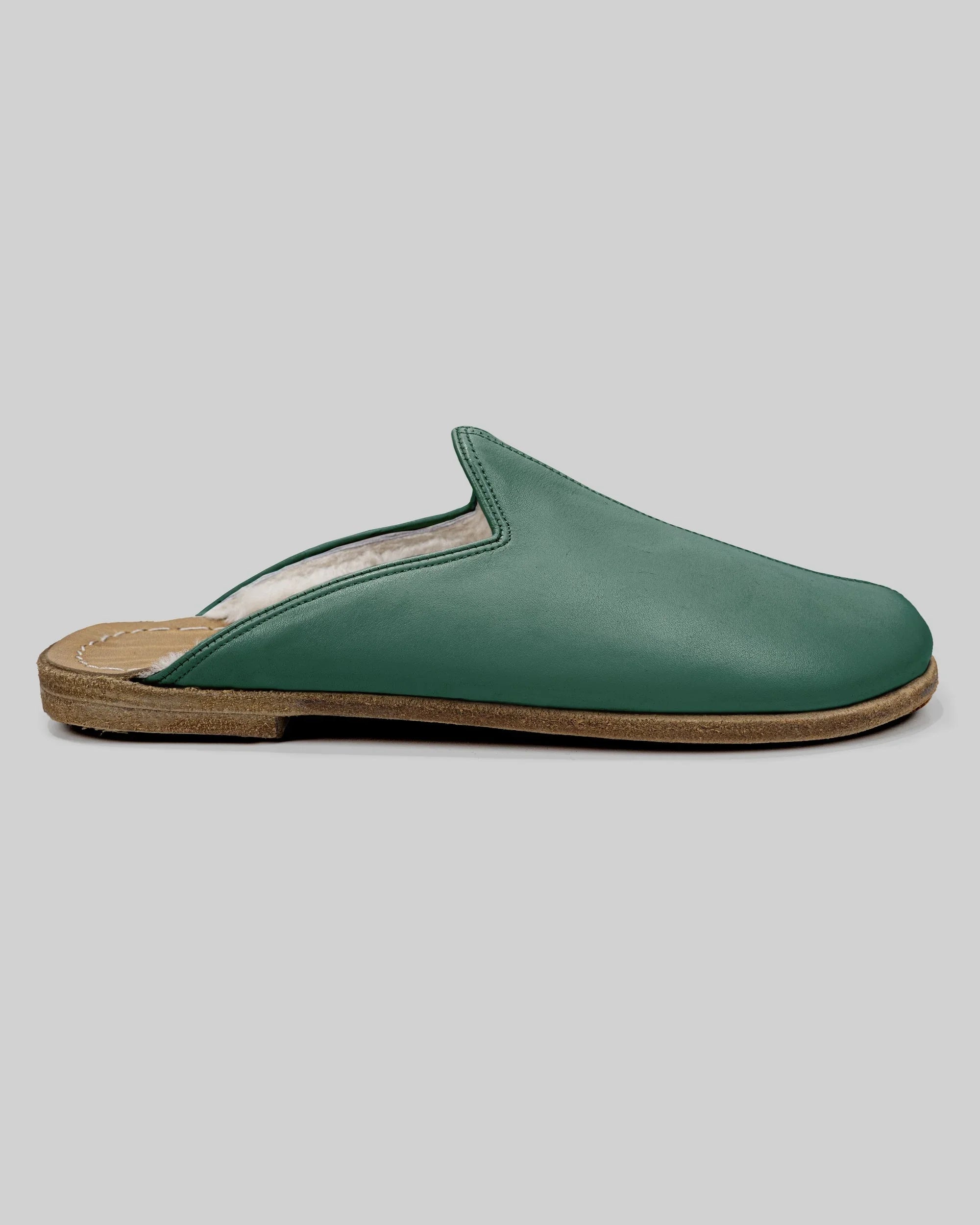 Back view Green Shearling Slippers - Calf Leather Handcrafted | Bespoky