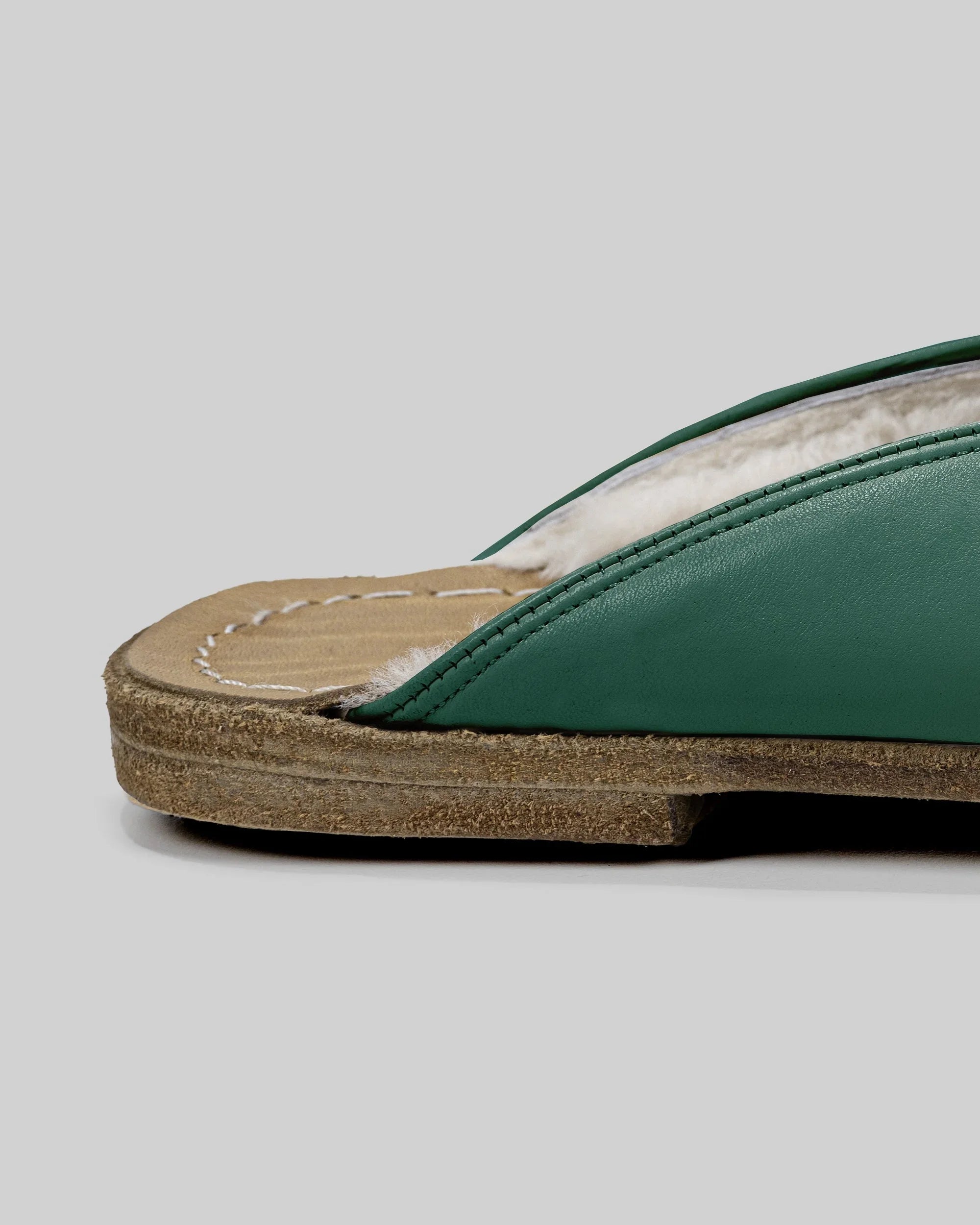 Detail Green Shearling Slippers - Handcrafted Calf Leather Turkey | Bespoky