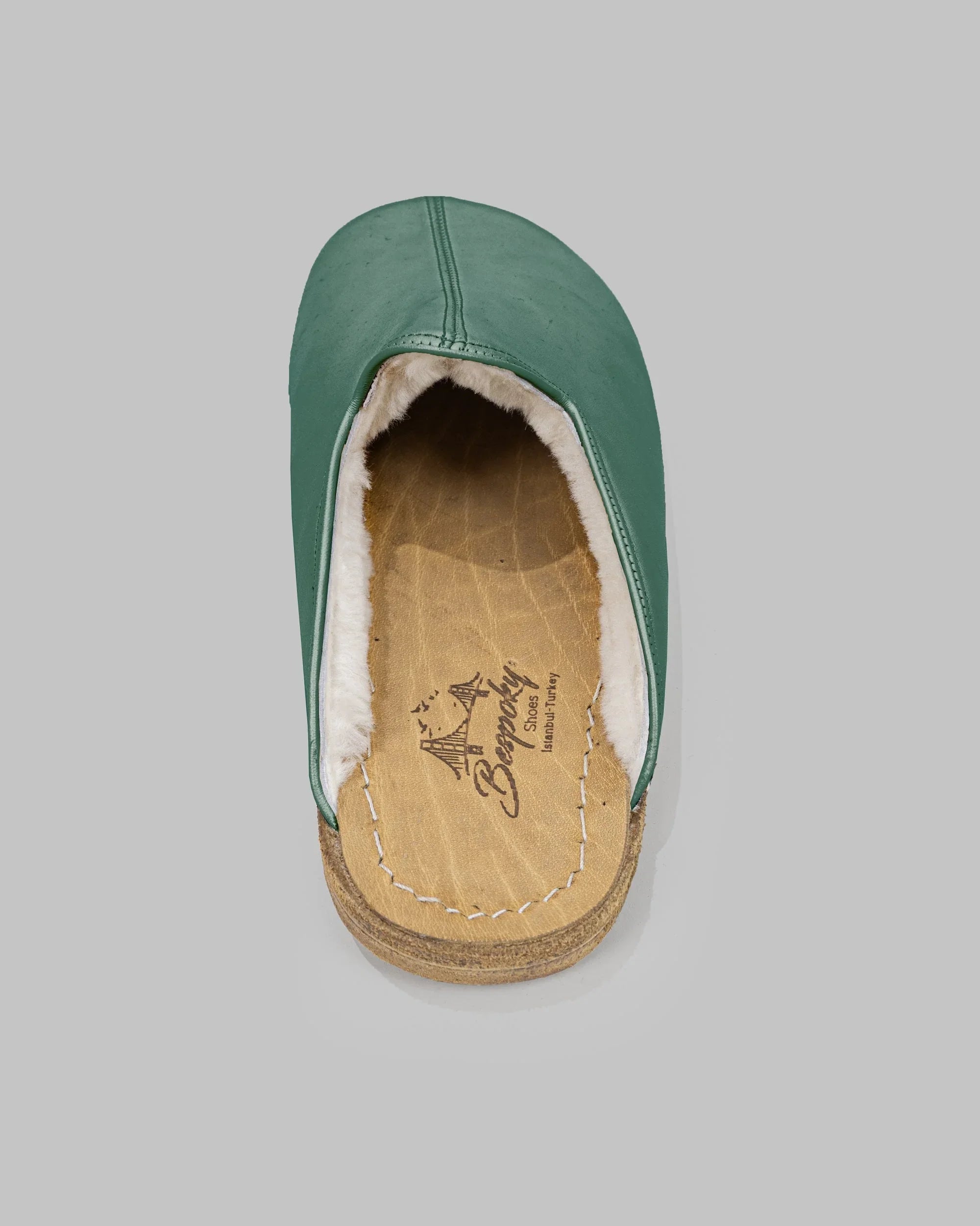 Pair Green Shearling Slippers - Barefoot Wide Toe Calf Leather | Bespoky