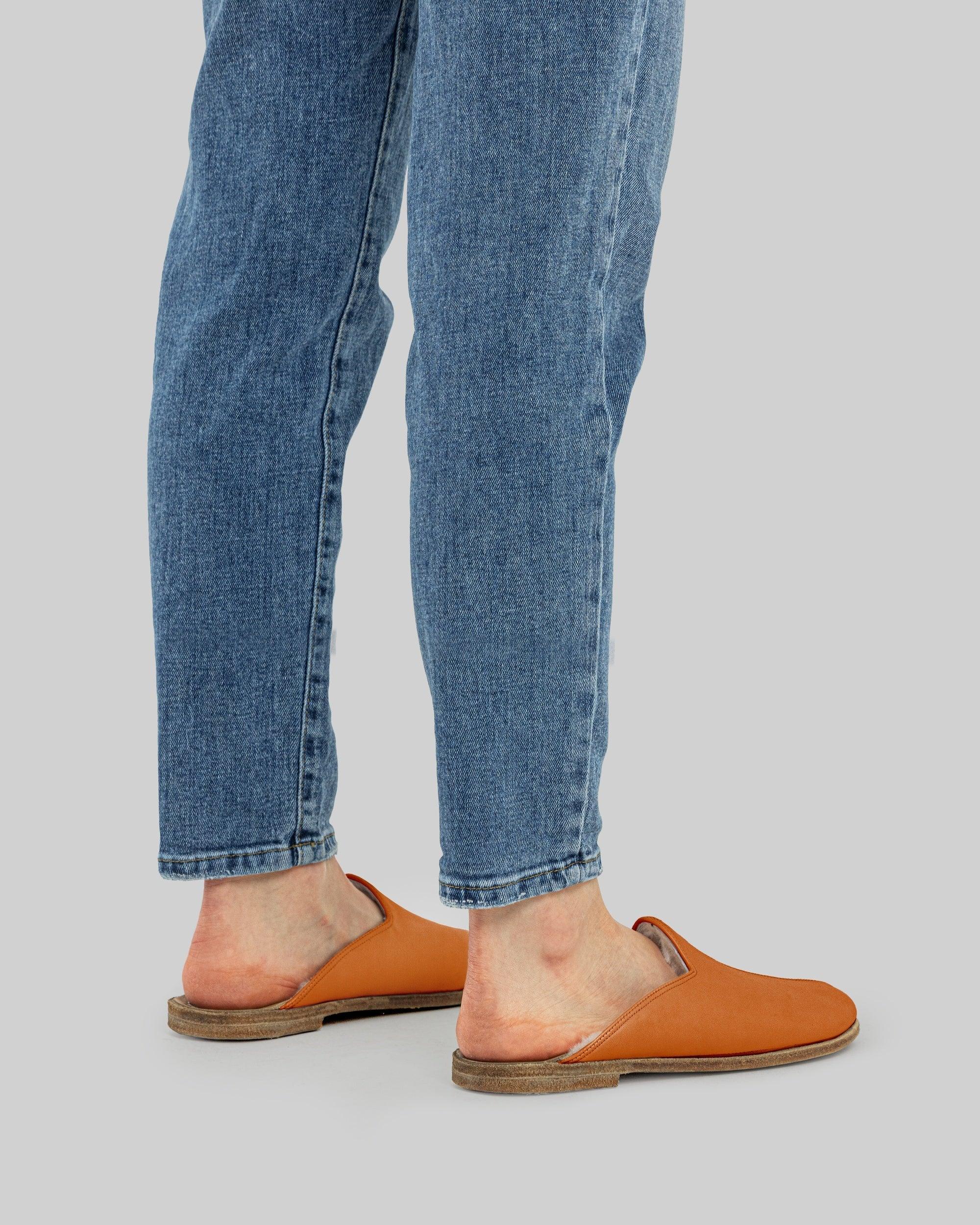 Side view Orange Shearling Slippers - Calf Leather Zero Drop | Bespoky