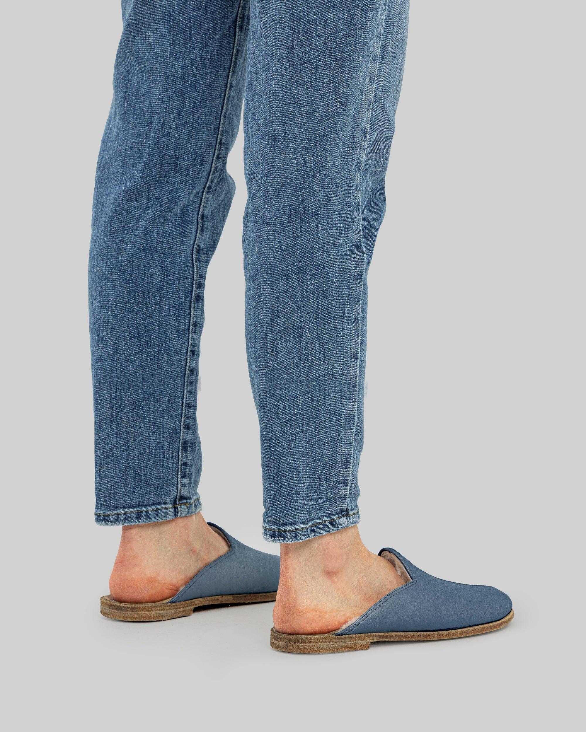 Detail Jean Blue Shearling Slippers - Handcrafted Calf Leather Turkey | Bespoky