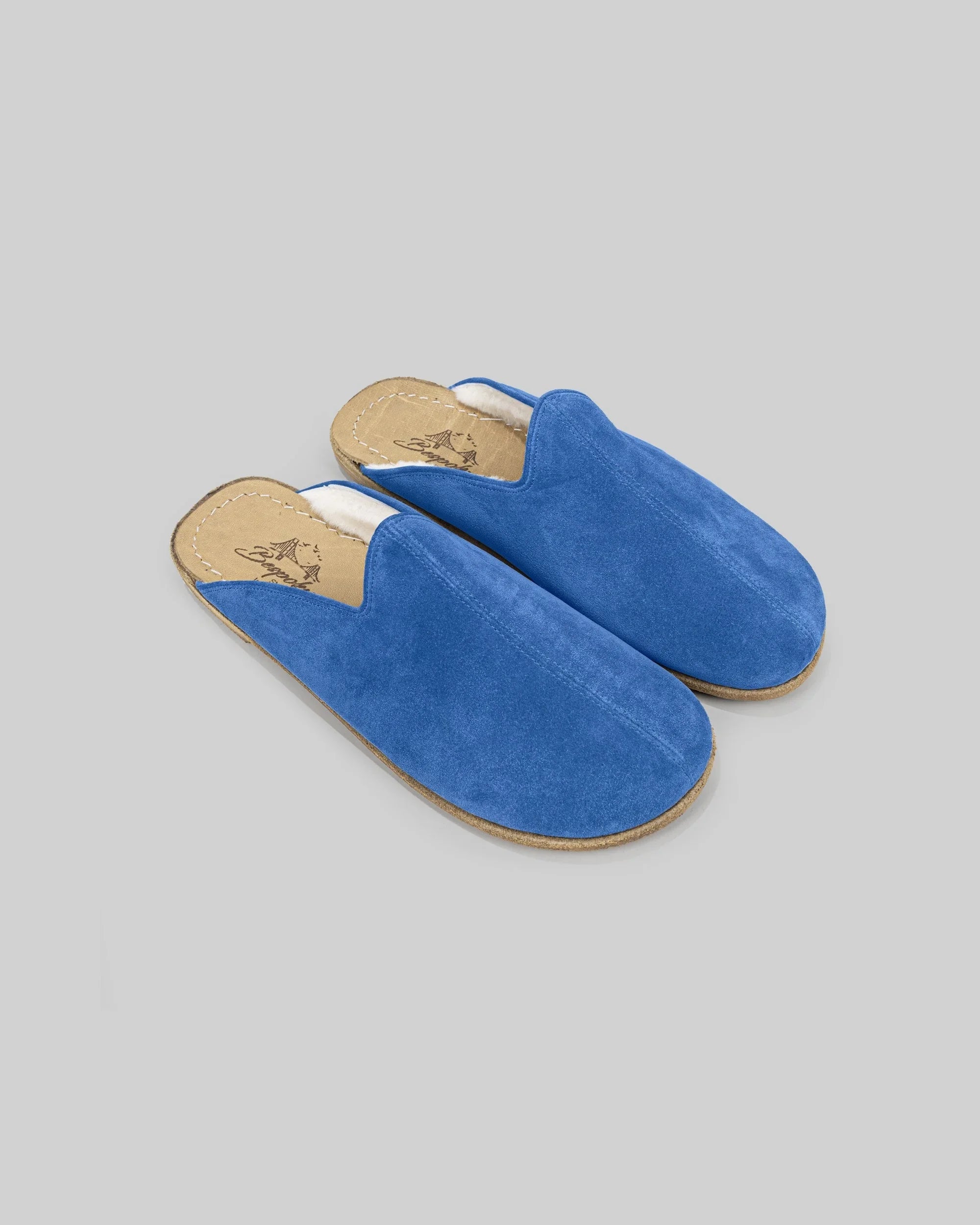 Men's Blue Suede Shearling Slippers - Handcrafted Calf Leather Wide Toe Box | Bespoky