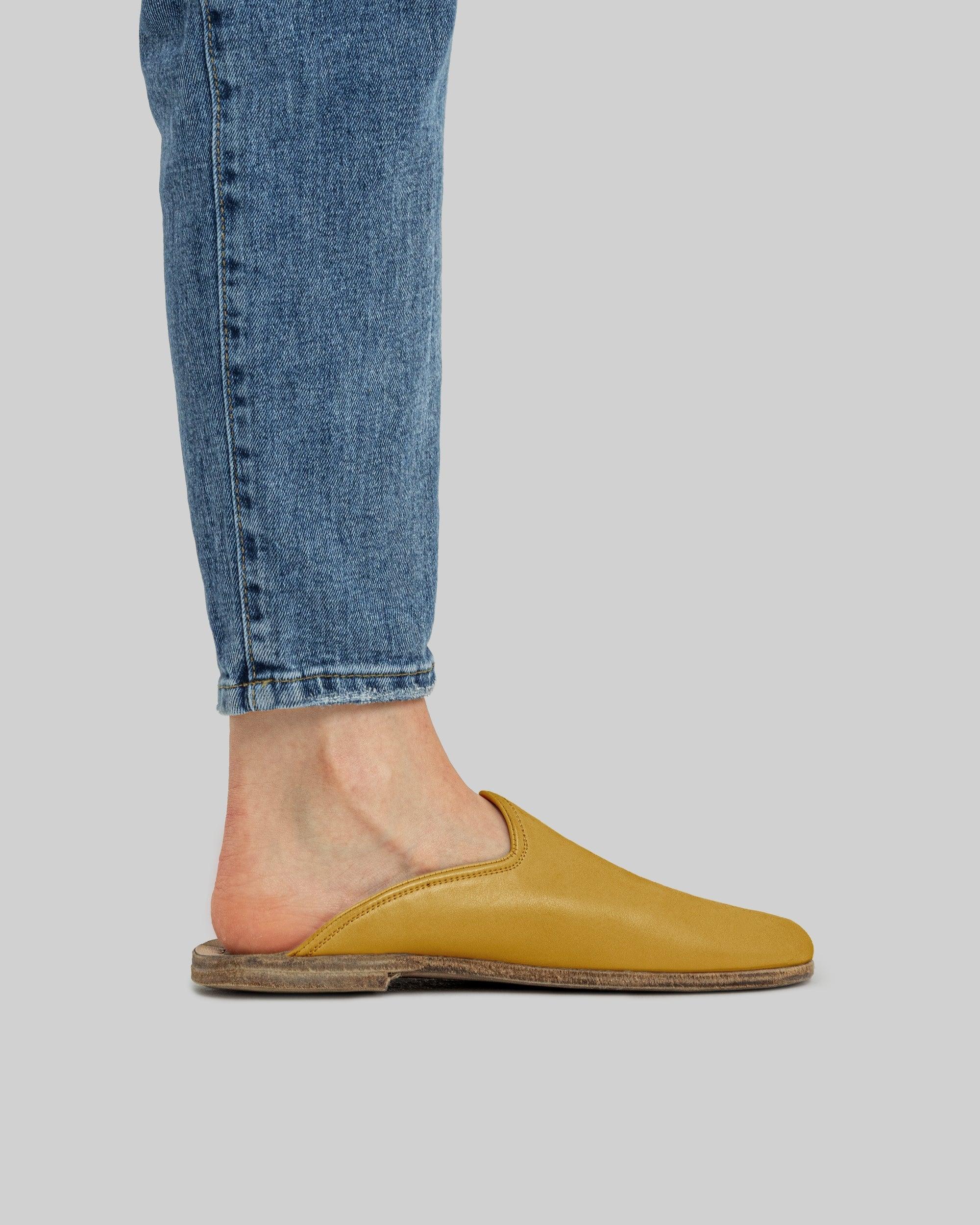 Pair Mustard Shearling Slippers - Barefoot Wide Toe Calf Leather | Bespoky