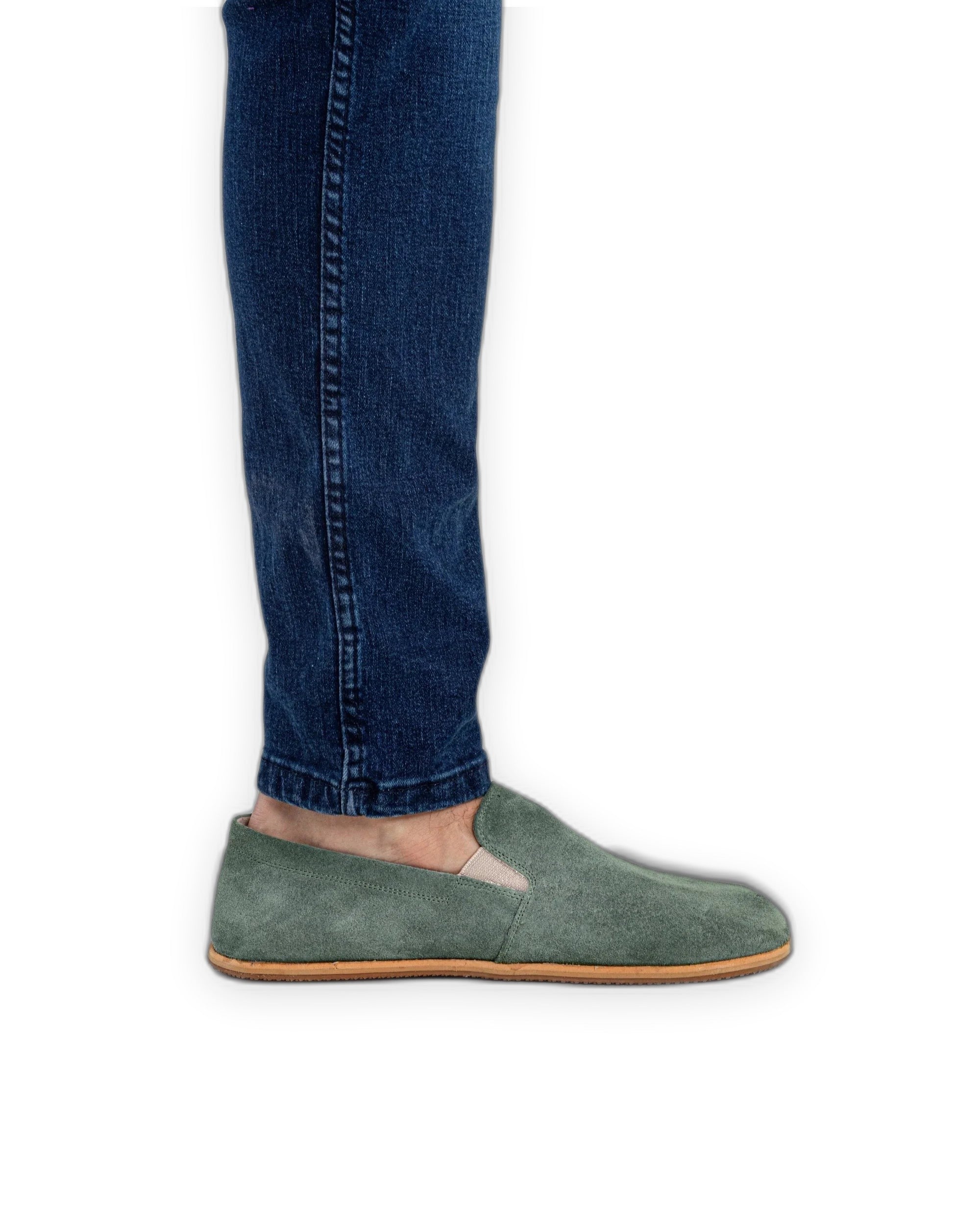 Side view Green Suede Barefoot Shoes - Calf Leather Zero Drop | Bespoky