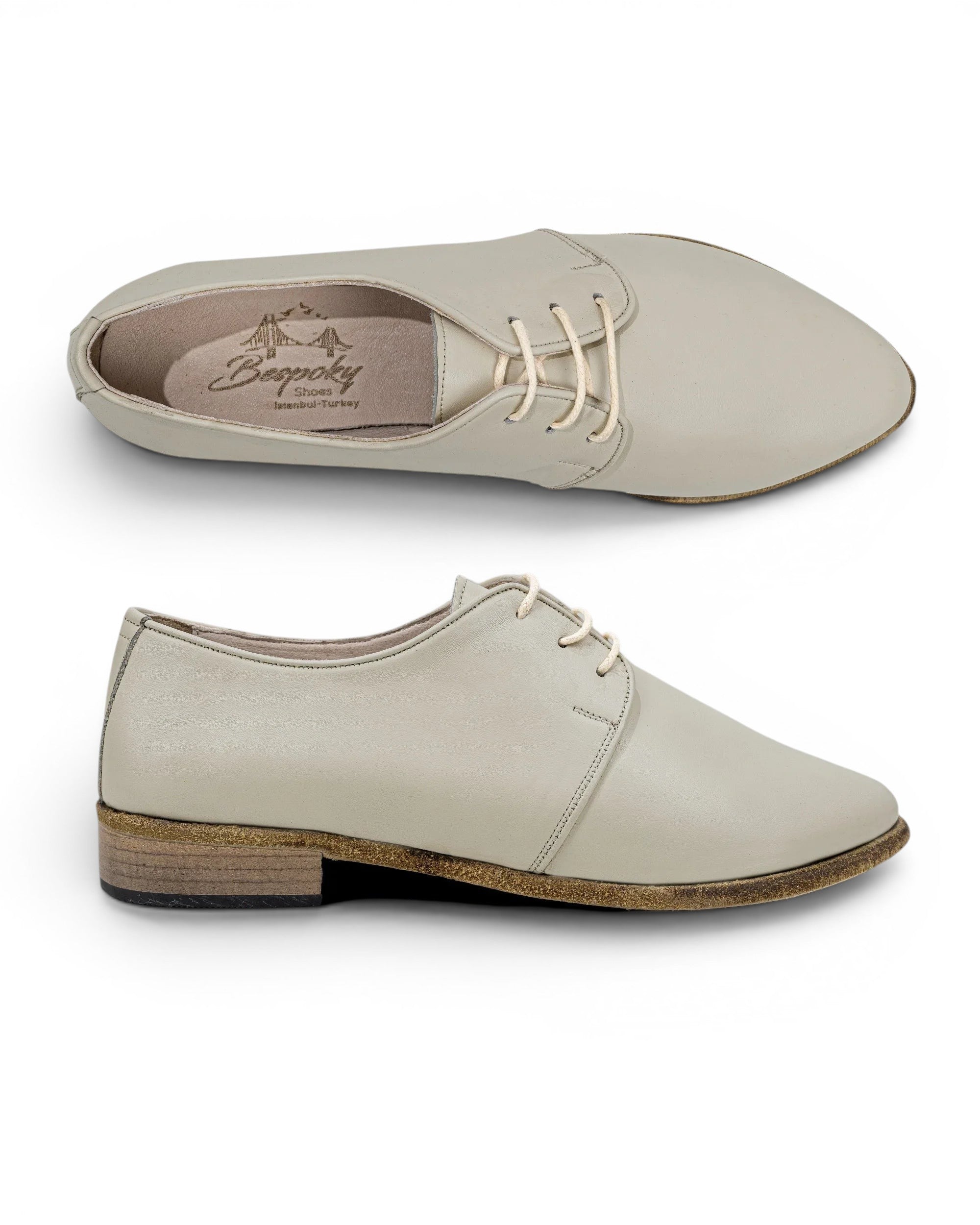 Women's Lucas Beige Pointed Toe Oxford - Handcrafted Calf Leather Wide Toe Box | Bespoky