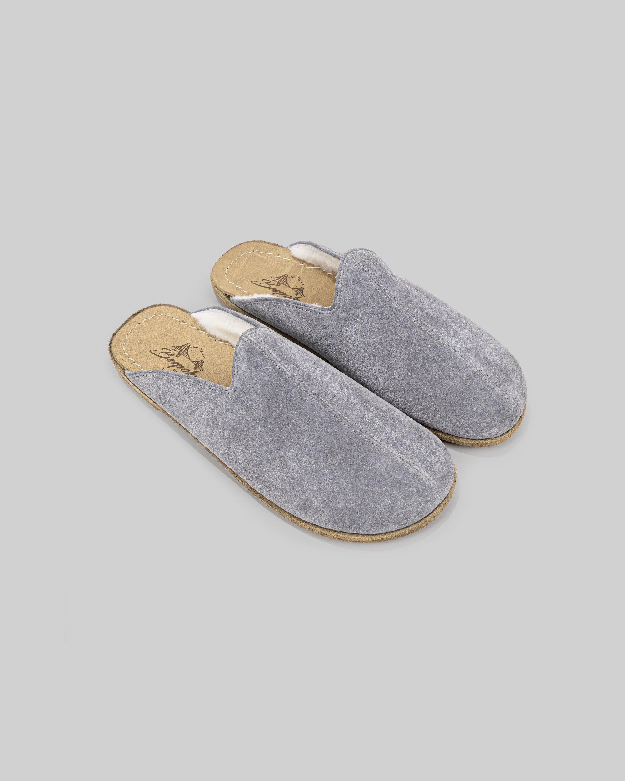 Men's Grey Suede Shearling Slippers - Handcrafted Calf Leather Wide Toe Box | Bespoky