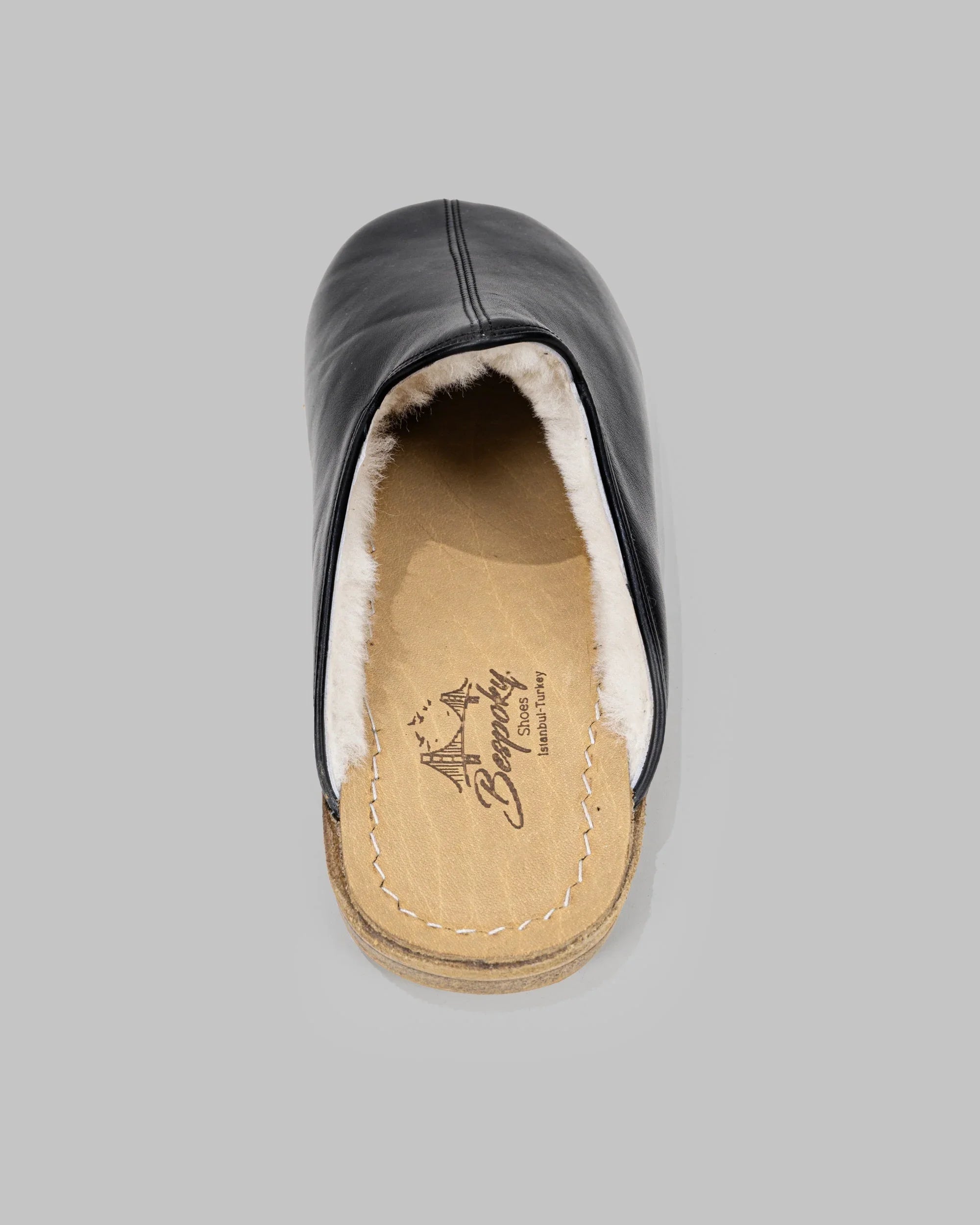 Back view Black Shearling Slippers - Calf Leather Handcrafted | Bespoky