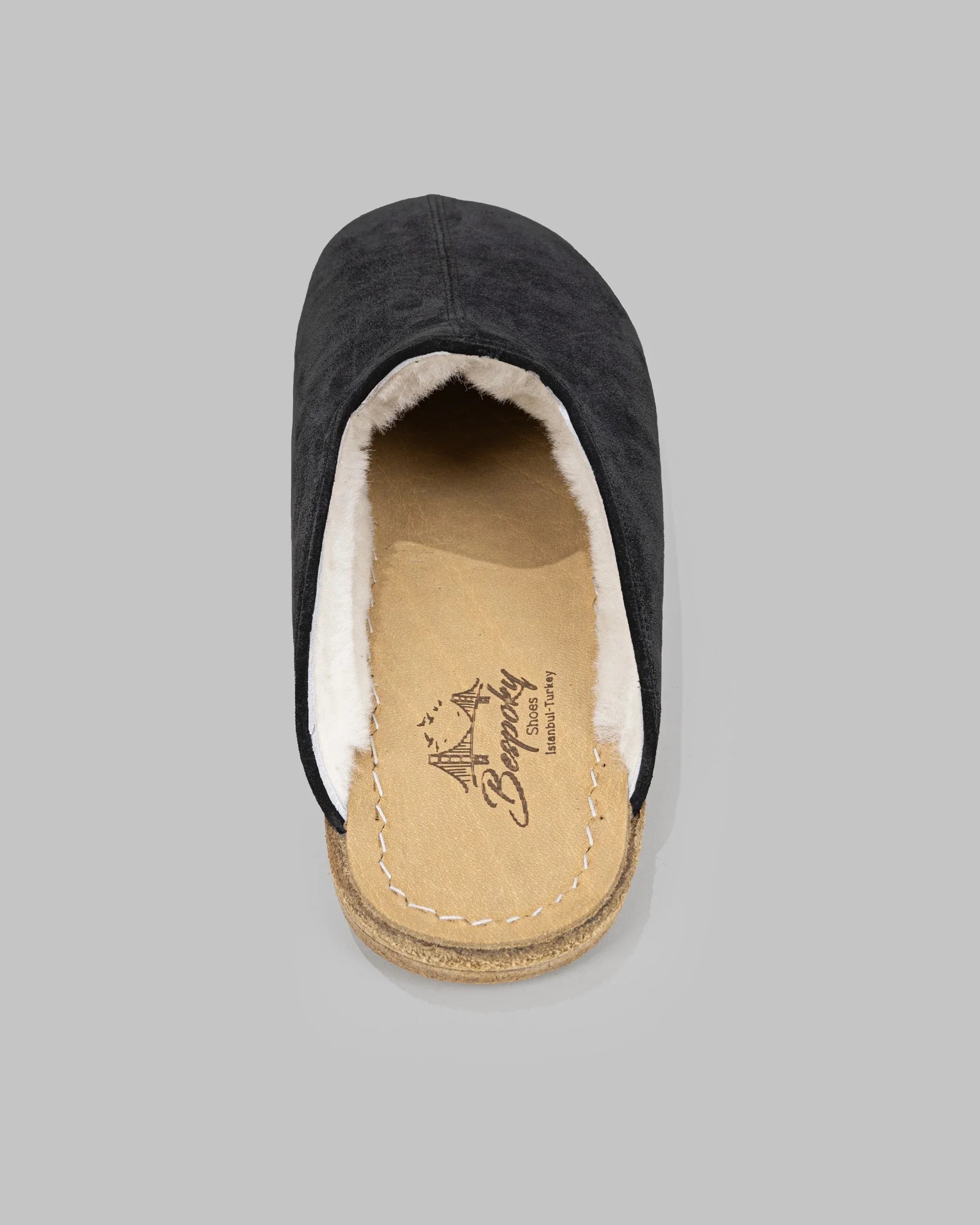 Side view Black Suede Shearling Slippers - Calf Leather Zero Drop | Bespoky