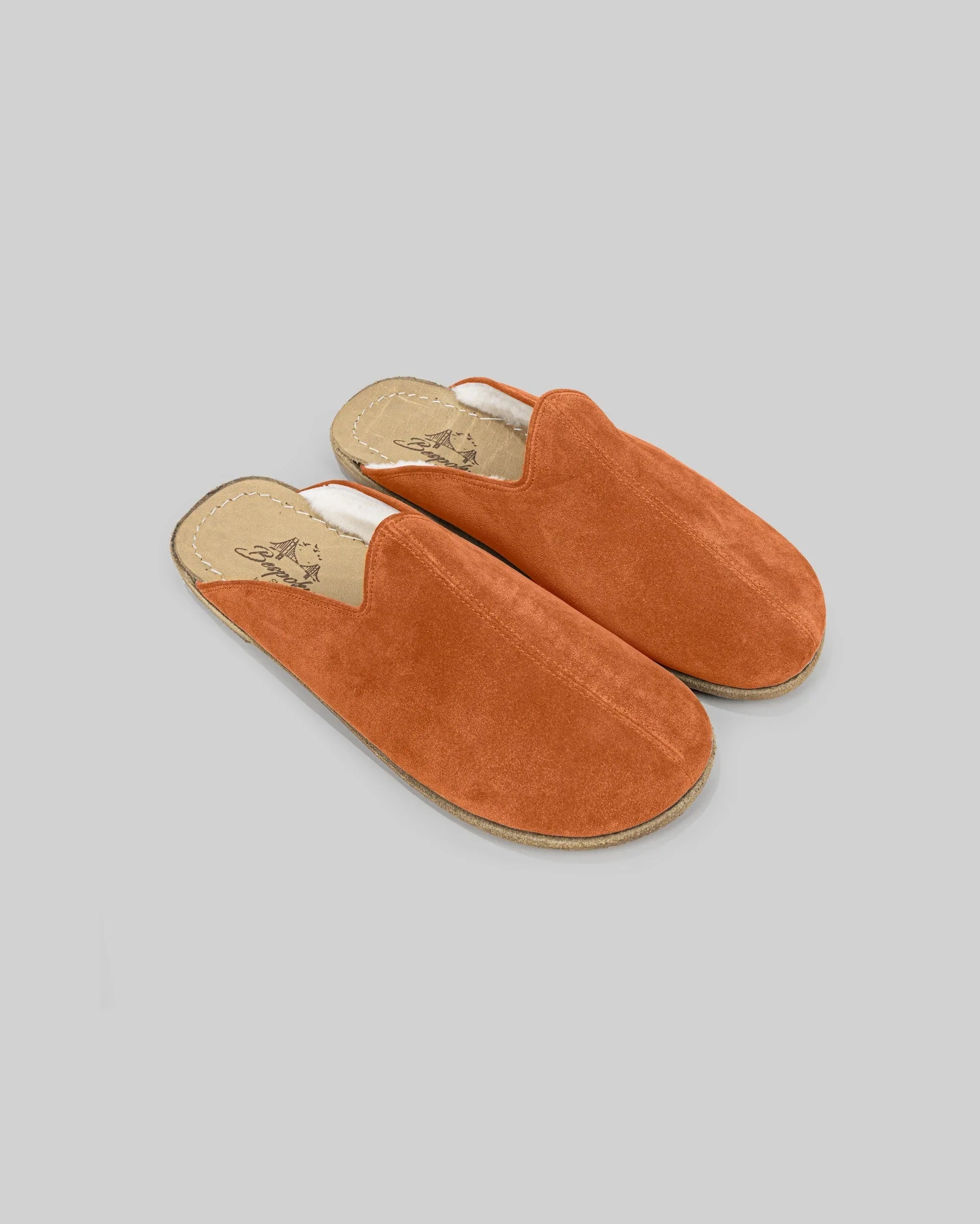Men's Orange Suede Shearling Slippers - Handcrafted Calf Leather Wide Toe Box | Bespoky