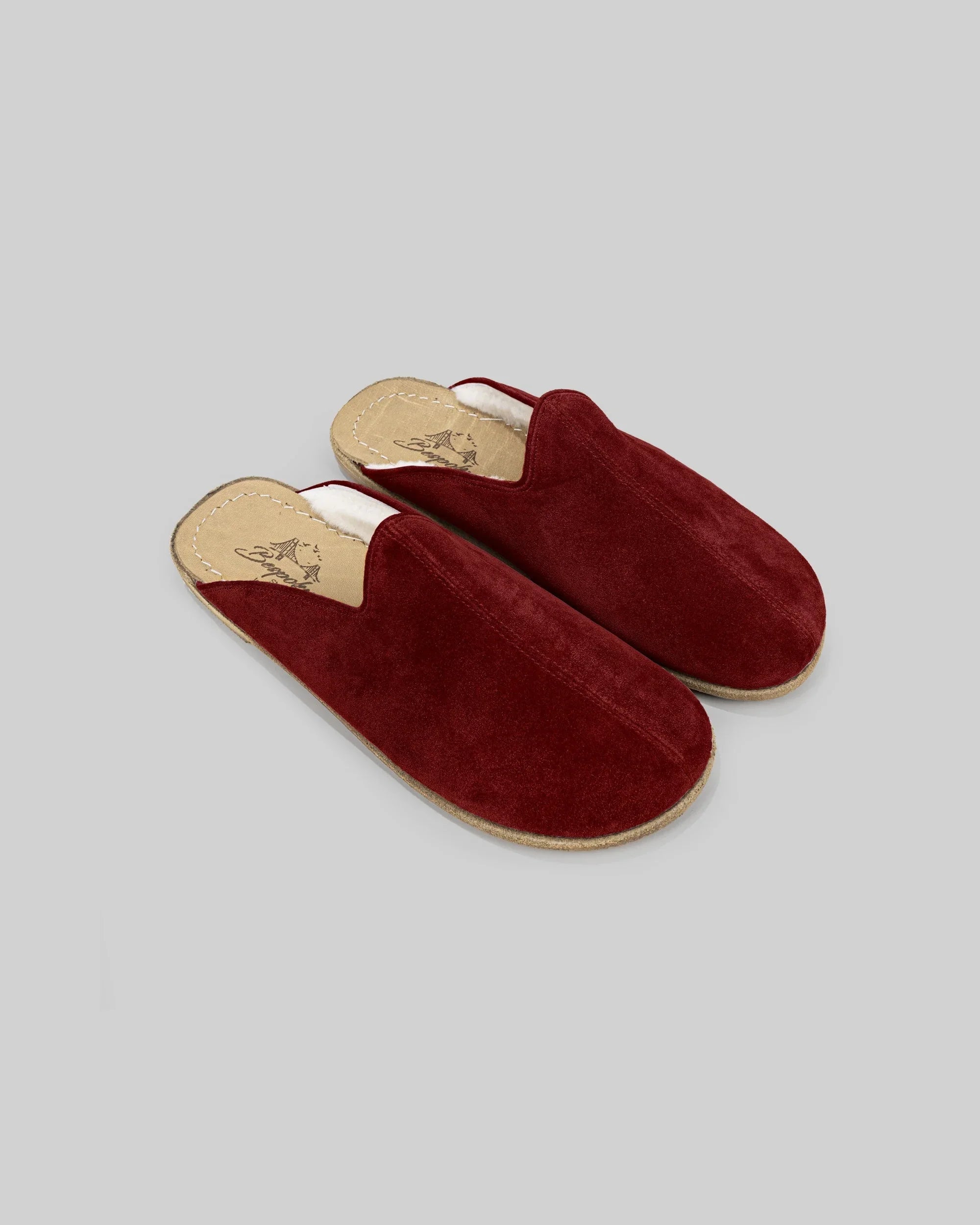 Men's Burgundy Suede Shearling Slippers - Handcrafted Calf Leather Wide Toe Box | Bespoky