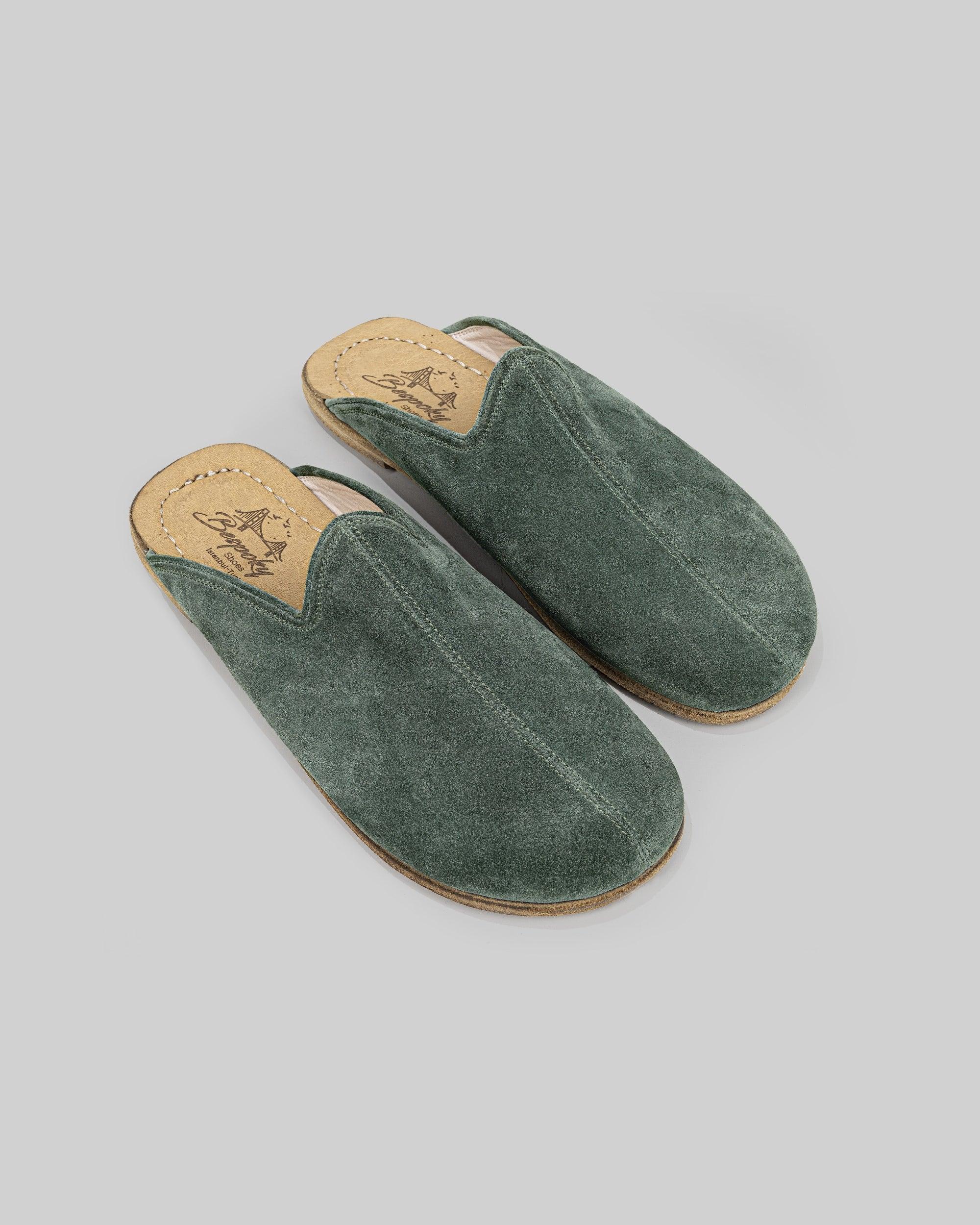 Women's Green Slippers - Handcrafted Calf Leather Wide Toe Box | Bespoky