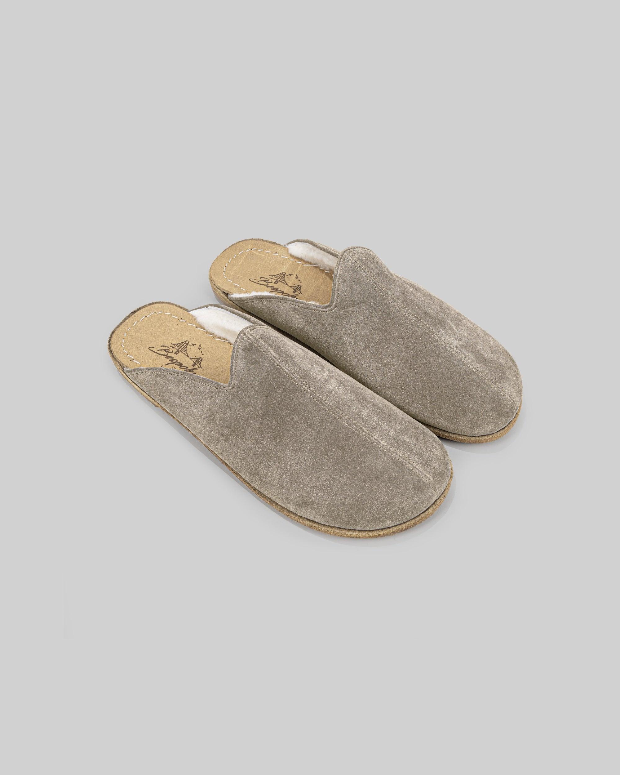 Men's Gold Suede Shearling Slippers - Handcrafted Calf Leather Wide Toe Box | Bespoky